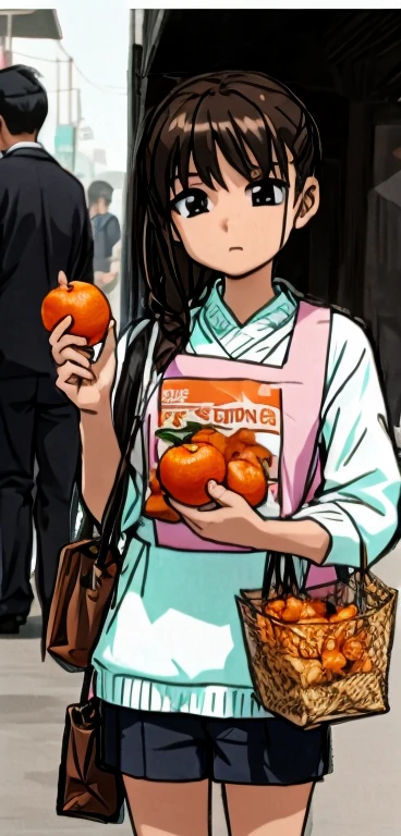I'm standing here holding a bag of oranges, even though I'm young.。