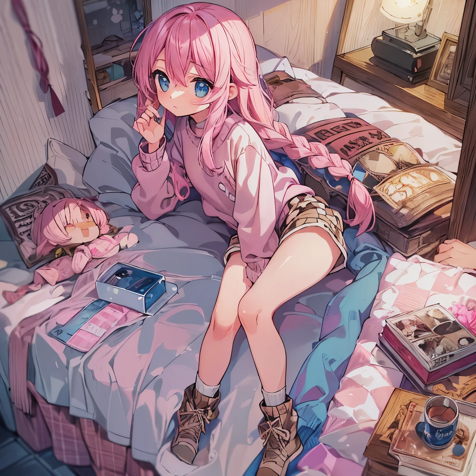 Beautiful illustrations, Highest quality、(Cute petite:1.5)、Flat Chest、Flat Body、(Pink long sleeve sweater:1.2)、(Brown checkered shorts:1.4)、(Wide opening checkered shorts:1.2)、Autumn Clothes、Gap between thigh and shorts、Wash your thighs、White socks、Beautiful Blue Eyes, Cinema Lighting, (Long pink hair)、(Pink Straight Hair)、(Embarrassing:1.2)、(Redness on the cheeks)、(Braiding of the back of the head)、