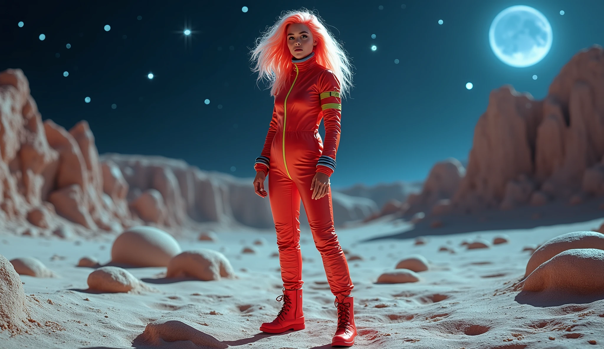 ((Analog photo. 70’s photo)) (masterpiece photorealistic.Uhd )full body shot of an ultra hot gorgeous European woman. Age 23. Random hair color. B série Space opera héroïne. Barbarella style astronaut suit. Bright colors. In a 70’s sci-fi moon landscape set. Cinematic lights.