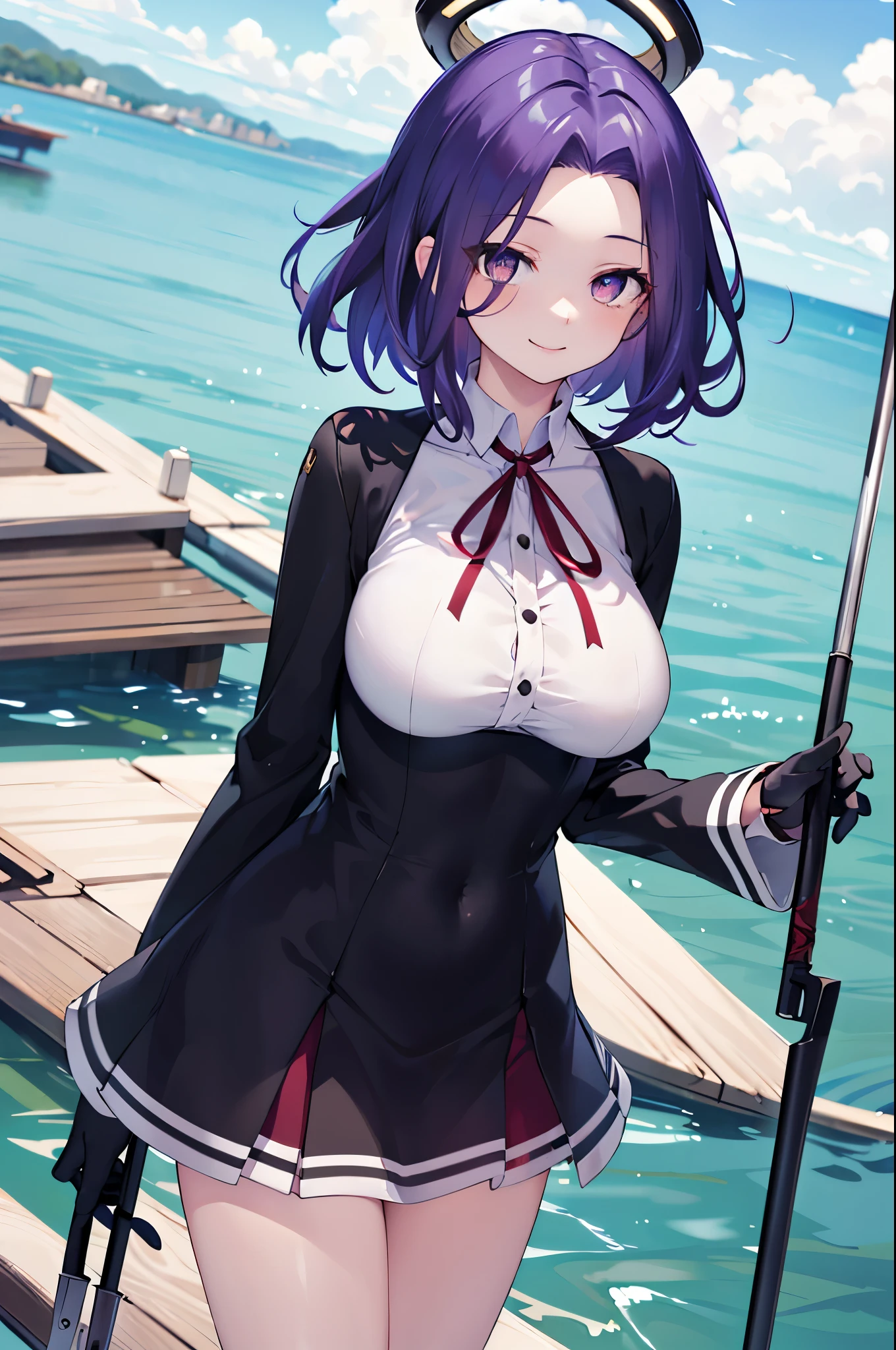 masterpiece, best quality, highres, mechanical halo, (big_breasts:1.2), black dress, neck ribbon, long sleeves, black gloves, outdoors, cowboy shot, standing, holding weapon, polearm,smile,,harbor_town_landscape,purple_halfeyes,(scornful eyes:1.4)