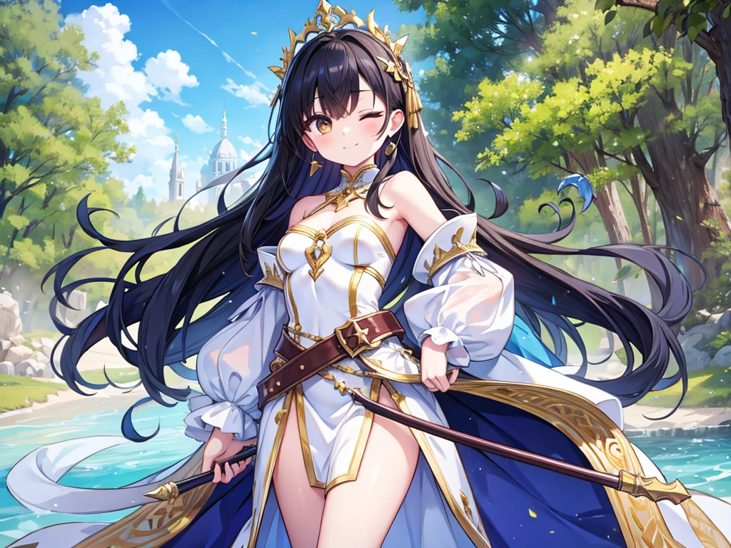 nsfw, highres, high-level quality, very aesthetic, dynamism, take a photography, realistic skin, {{{sage (dq3) }}}, cosplay posing, casting stance, 1girl, cosplayer, elegant, cute, long hair, black hair, light wave hair, earrings, {{brown eyes}}, one eye closed, small breasts, blue cloak, white dress, one-piece dress, strapless dress, no sleeves, brown belt, yellow gloves, circlet, tiara, wise staff, hold on a staff, smile, splead legs, head tilt, outdoors, event venue, {cosplay venue}, {a lot of people}, raised chin, , best quality, amazing quality, very aesthetic, absurdres