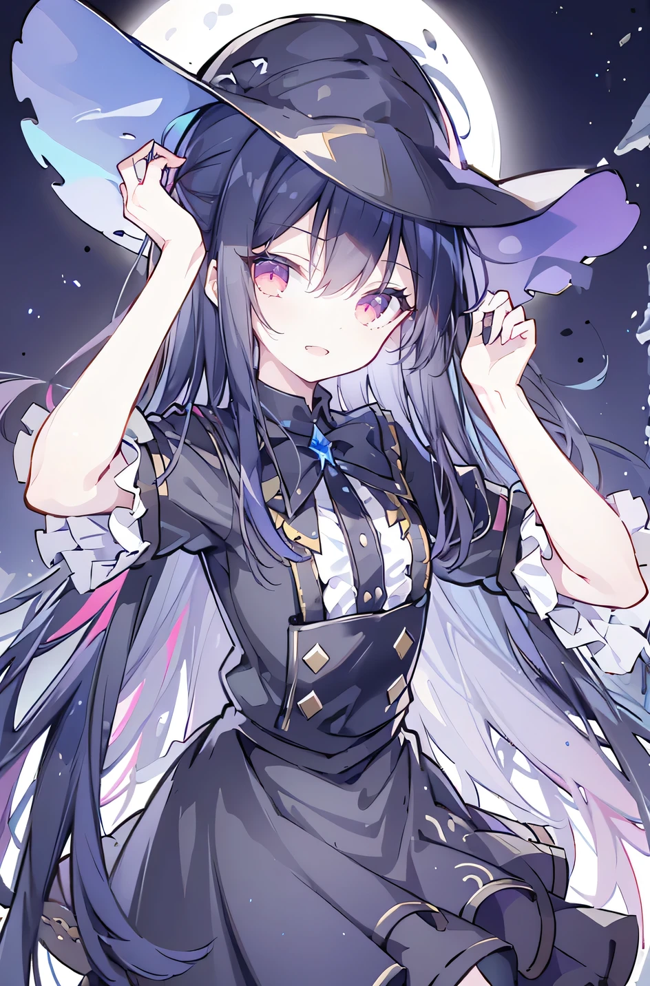 oung Girls,Humanity,A magician always smiles,big witch hat,cute,dark blue long hair,The eyes are dull,The bangs are heavy,Thin eyebrows,fantasy,intake,Double teeth,Star Theme,Constellation pattern,Solid color clothetal decoration,cloak,A bit of a dark atmosphere,A little crazy smile,When the big moon shines outside at night,blood,Hair black star embellishment,Short tie,No nails,High waist skirt,Bell sleeves,Long-sleeved shirt,Black tie,low risk,gentlemen。Mist、Yellow and white effect，Shocking pink as an accent color