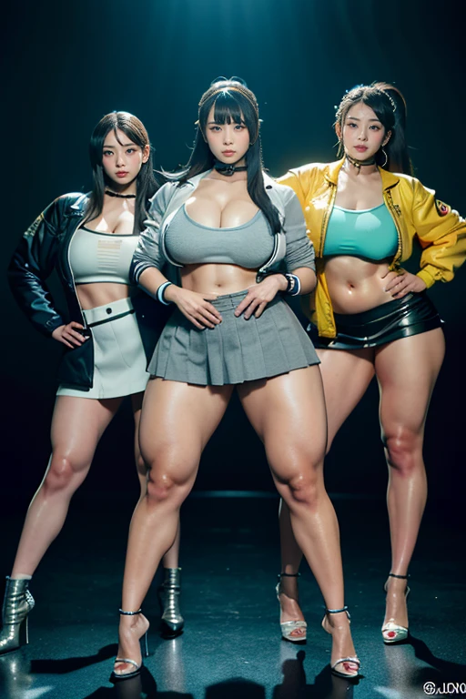 Ultra-high resolution, Realistic, Very detailed, Golden Ratio, Highest quality, Four people are standing full-body shot, (promotional photoshoot), (Are standing), Four people standon warehouse in high heels, (Four Beautiful female with Exemplary Figures), Beautiful Face, (Realisticな face), (biondeのショートカット:1.3), Korean bionde, bionde, long straight ponytail light brown hair, black hairpin, hair band, Glare, Frowning, Drooling, Long Tongue, Verbal invitation, compensate, Frowning, Frowning, Surrealism, First Person View, First Person View, Wide-angle, Ultra-high resolution, Anatomically correct, Super detailed, 16K, (Four beautiful female standing side by side) (wide thighs), (Very sexy long legs),(body builder girl), (wide muscles), ((sexy abdominal muscles)), (huge breasts),(very voluptuous body),((short grey skirt)),(strapless jacket),(sexy dancing pose),(beautiful old warehouse background with old memories effect),((beautiful smile))