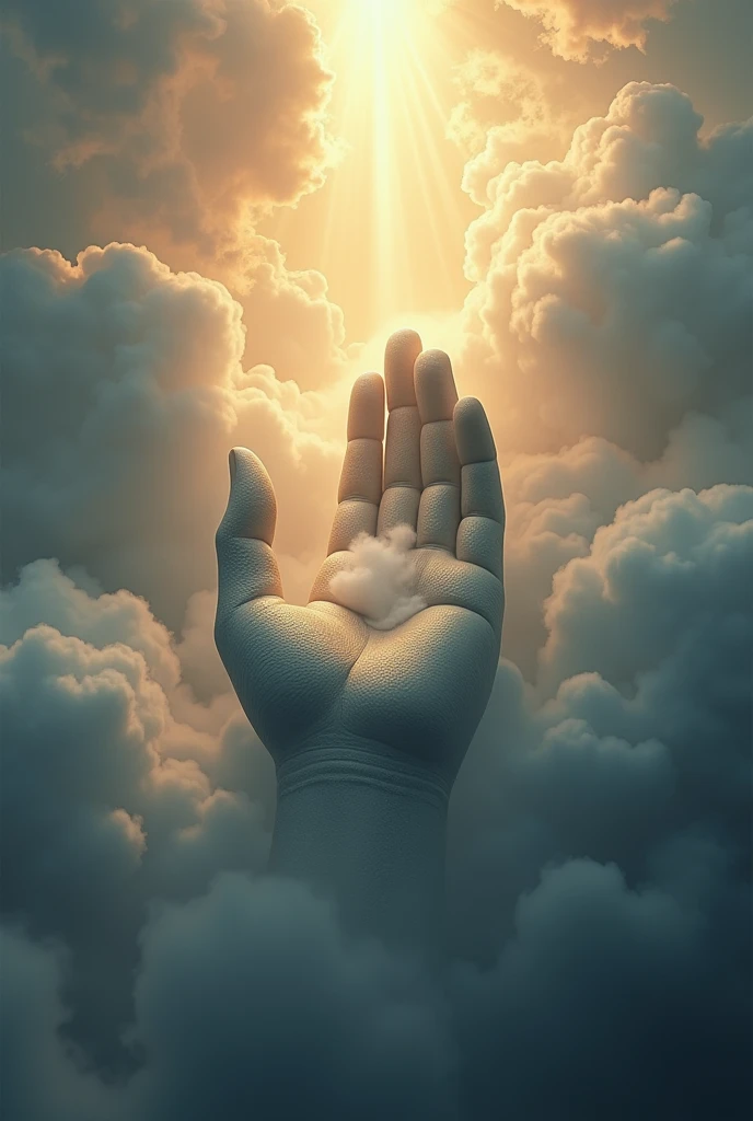 a huge, gigantic hand of Buddha bursting out from the clouds, holding small clouds, dramatic, majestic, divine, cinematic, heavenly, ethereal, intricate details, ornate, 8k, photorealistic, hyper detailed, dramatic lighting, atmospheric, mystical, spiritual, serene, awe-inspiring, cinematic composition, volumetric lighting, glowing, radiant, divine, celestial, ethereal, sublime, transcendent, godlike, omnipotent, powerful, magnificent