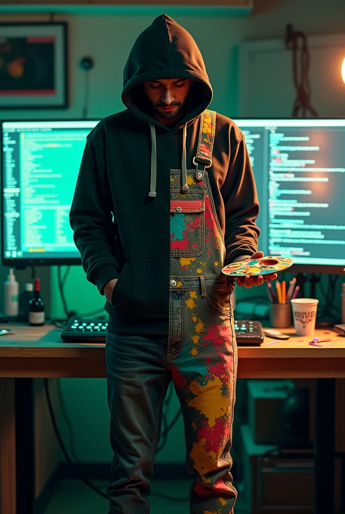 Create an real image of a hacker and a graphic designer in 1 body