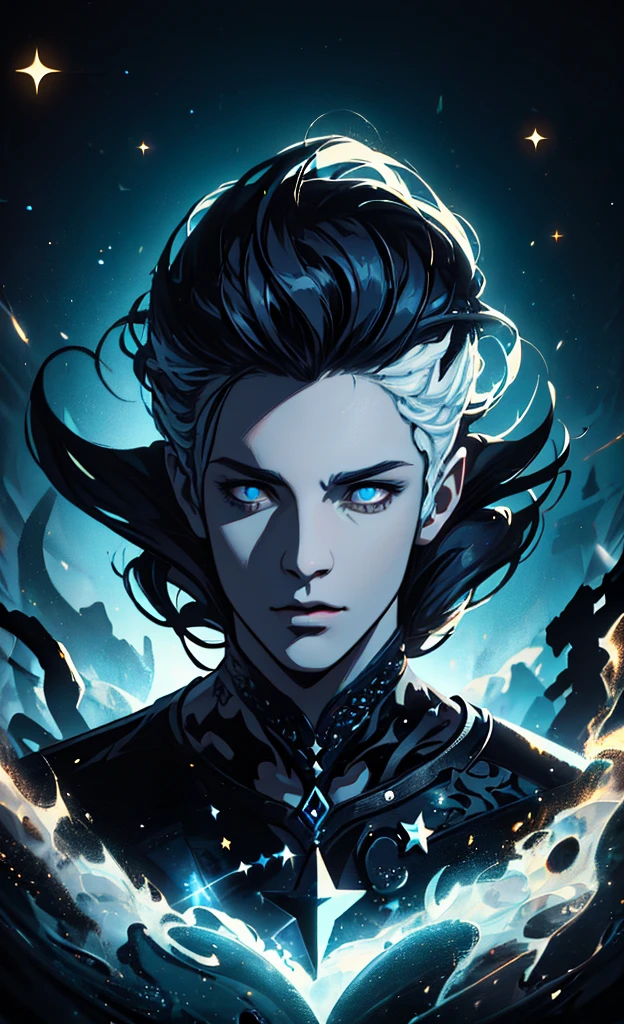 a man holding a dark blue and black artifact with white stars, detailed face, intricate details, 8k, cinematic lighting, dramatic colors, fantasy art, concept art, digital painting, masterpiece, award-winning, anime style, portrait