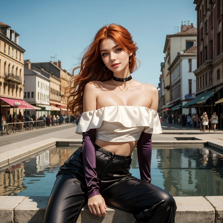 (​masterpiece, best quality:1.5), highest quality, High resolution, super detailed, Realists, Bust portrait of a 22-year-old red-haired woman, detailed and beautiful eyes, beautiful detailed lips, very detailed eyes and face, longeyelashes, A 22-year-old woman in a crop top with an off-the-shoulder neckline made of shiny satin and long pants, Beautiful and colorful makeup, elegant and noble々Pose,shiny satin headband,, City as background, bright daylight, bright colors, fine brushstrokes, Portrait style, beautiful color palette, glowing skin, First-class rendering, that captures every detail, enchanting atmosphere, (perfect ???????:1.2), (The stunning woman is wearing an off-the-shoulder top and long pants. She smiles flirtatiously., She's sitting on the fountain showing off her figure,  (magnificent panorama view:1.2)
