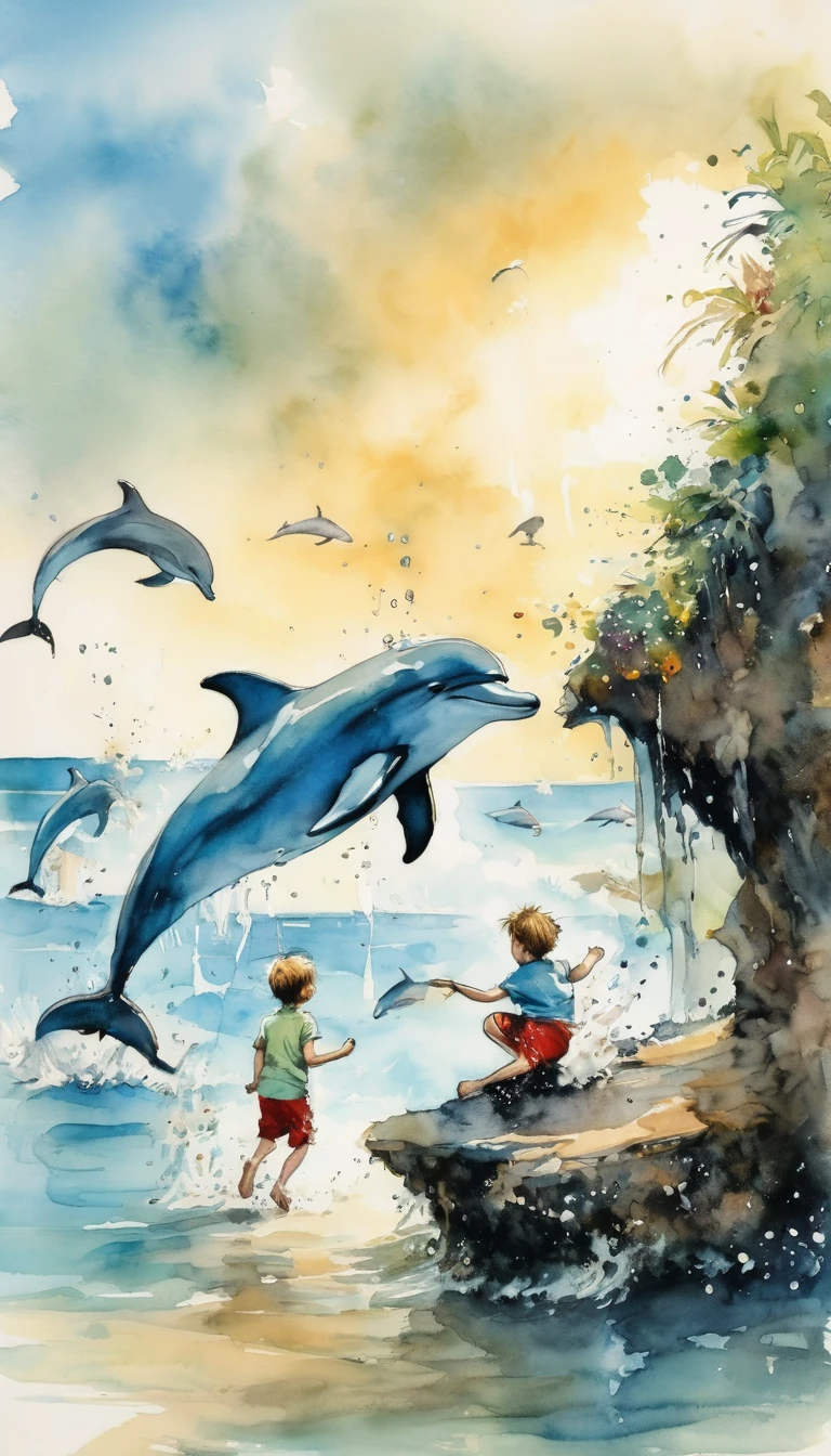 High resolution, best quality, masterpiece, highly detailed, Quentin Blake style photo, Boy playing with dolphins.