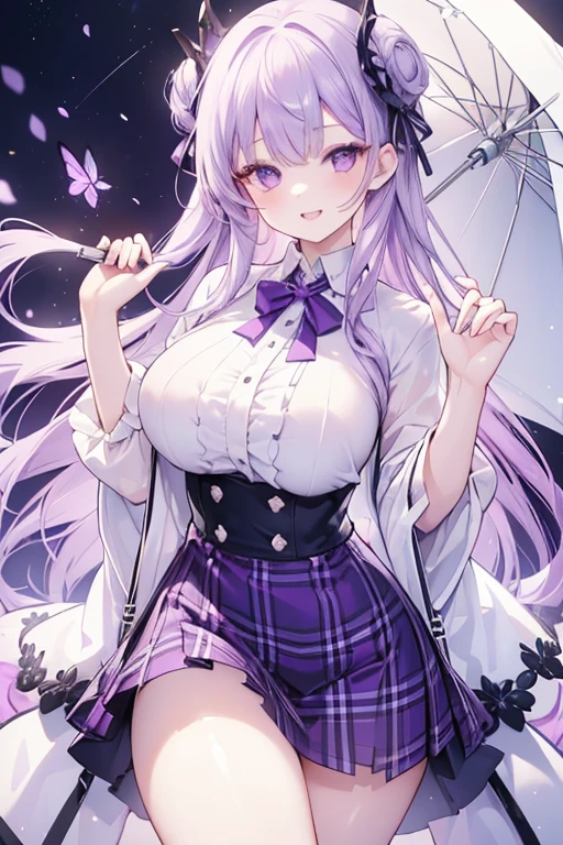 (masterpiece, best quality),  intricate details, 
1girl, purple hair, purple eyes,  light purple hair, white hair tips, 
Big breasts, smiling, opened mouth, wear white shirt, long Sleeve shirt,  purple checkered shirt, Park background