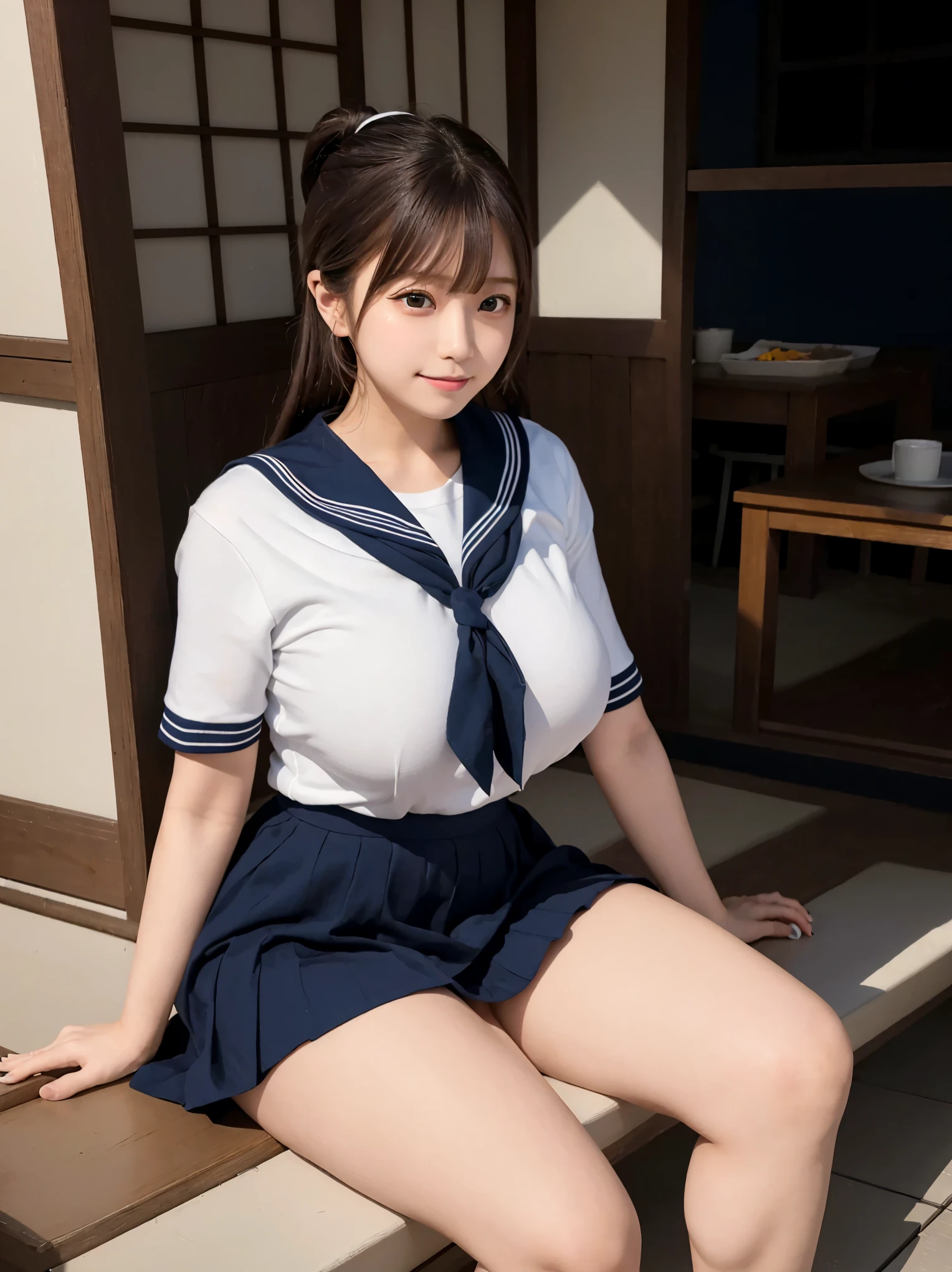 highest quality、8k、Realistic、1 girl、23 years old、Full body portrait、（Curvy body type、Embarrassing）、（Japanese 、Sitting with legs crossed、Spread legs、Positive）、（Dark brown hair ponytail:1.4、Japanese school sailor uniform:1.3、Navy Pleated Skirt、Skirt fluttering in the wind:1.2）、、(White and navy theme:1.2), yellow リボン、 (Big Breasts), Beautiful thighs、Beautiful ass, light smile,