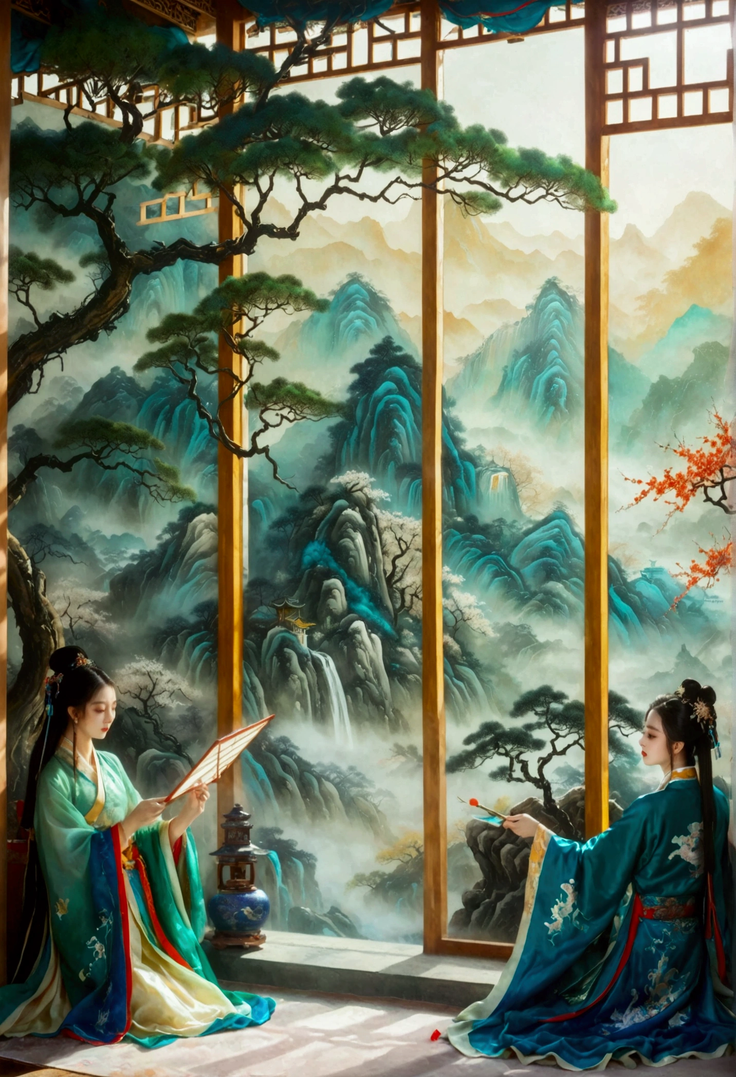 Chinese landscape painting, Jade material, Blue, greenand white color, gold line hook, white backgroundbright colors, natural lighting, best quality, Awardwinning work, blender, (8k,Bright colors,Bright,Ultra high saturation,rgb, Colorful),(High contrast:1.5),(whole body:1.8), magazine photography,Popular on social platforms,((Dopamineism)),(((Dopamine color matching))),Dopamine,(in the style of Y2K),Luo Erchun,Three-dimensional ancient style,Oriental poetry and painting