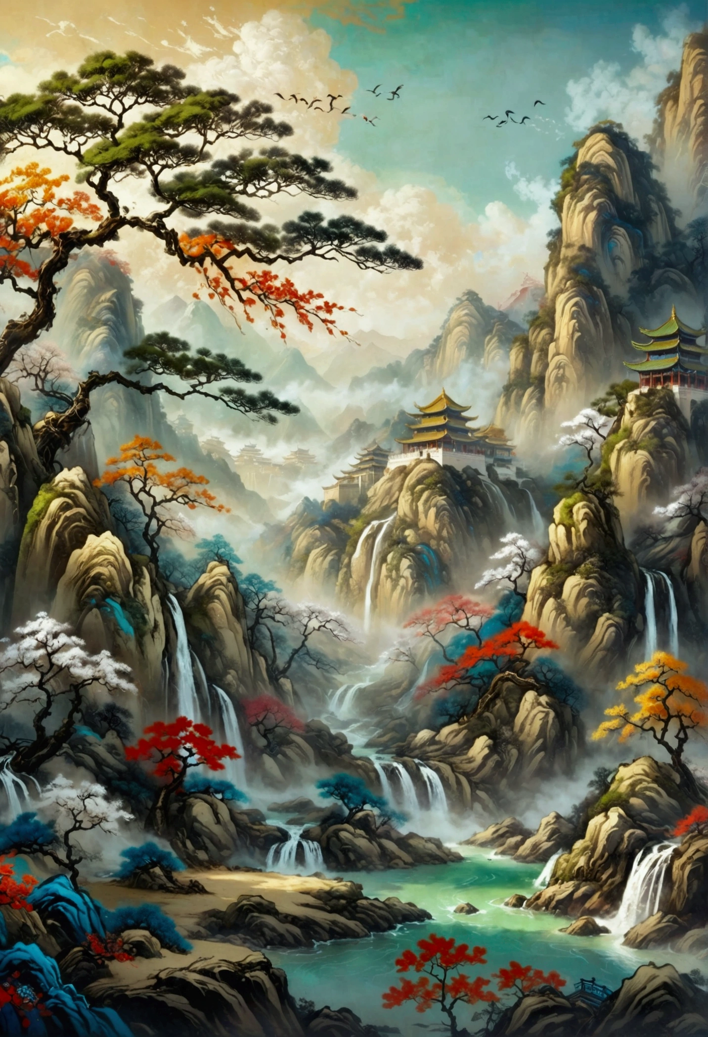 Chinese landscape painting, Jade material, Blue, greenand white color, gold line hook, white backgroundbright colors, natural lighting, best quality, Awardwinning work, blender, (8k,Bright colors,Bright,Ultra high saturation,rgb, Colorful),(High contrast:1.5),(whole body:1.8), magazine photography,Popular on social platforms,((Dopamineism)),(((Dopamine color matching))),Dopamine,(in the style of Y2K),Luo Erchun,Three-dimensional ancient style,Oriental poetry and painting