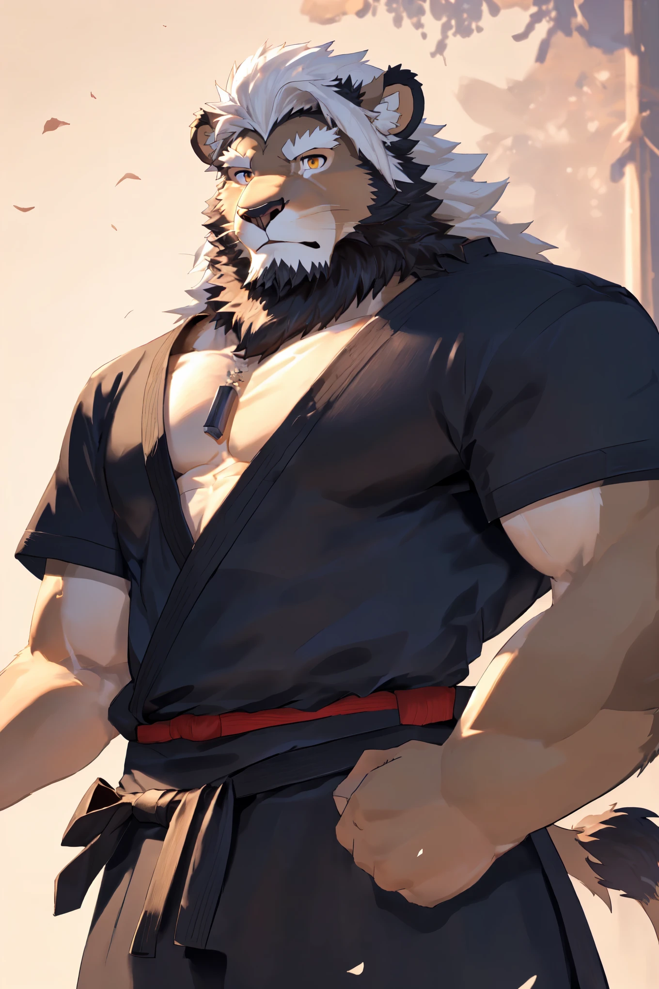 (lion:1.3),(Black Night Clothes:1.5),(Knife pulling posture),(The background is the eaves of the night:1.6),(Abdominal muscles),Heroic飒爽,完美的masterpiece,Various facial details,Close up,specific description,masterpiece,(cg),(Golden Eyes),White pattern,White Tail,Military commander,Heroic,lion,Red fur，Detailed facial details,Half Body,(Long feather),((middle aged)),(Face Focus),(16K),(HD),White belly，temple，beard,(Face lines),(Heterochromia,),(White hair:1.3),(Strong:1.2),(muscle:1.3),(high resolution:1.3),(Close up),(Detailed face:1.5)，Perfect details,(Half Body),(Detailed depiction of the face:1.5),(Zoom in on the face:1.5),(白色Face lines:1.2),(白色beard:1.6),(White face:1.6),(White body),(White skin:1.3),(White cheeks:1.5),(The skin color of the face is white:1.3),cg,(The smell of quacks:1.3),(Martial Arts:1.5),(Knight:1.5),(Detailed background:1.5),(White mane:1.3),Starry sky in the dark night,(Front view:1.2),(Red skin)