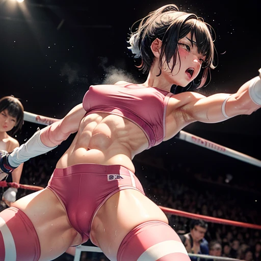 bloody beautiful Japanese female heavyweight fighters are fighting in the octagon fighting ring of underground arena with audience. a fighter is beating anoter one by body blow. survival battle. whole body picture. they are covered in scars and bruises. they are damaged terribry. Short-cut black hair, out of breath, drooling from mouth, one eye is closed, exhausted, drenched in sweat. Erect nipples. open finger glove. Ragged white and pink lined sports bra, high leg panty, Stockings. armwarmers. small breasts, armwarmers. Whittled waistline, muscular, six-pack abs, very thick arms and thighs, super huge tits.