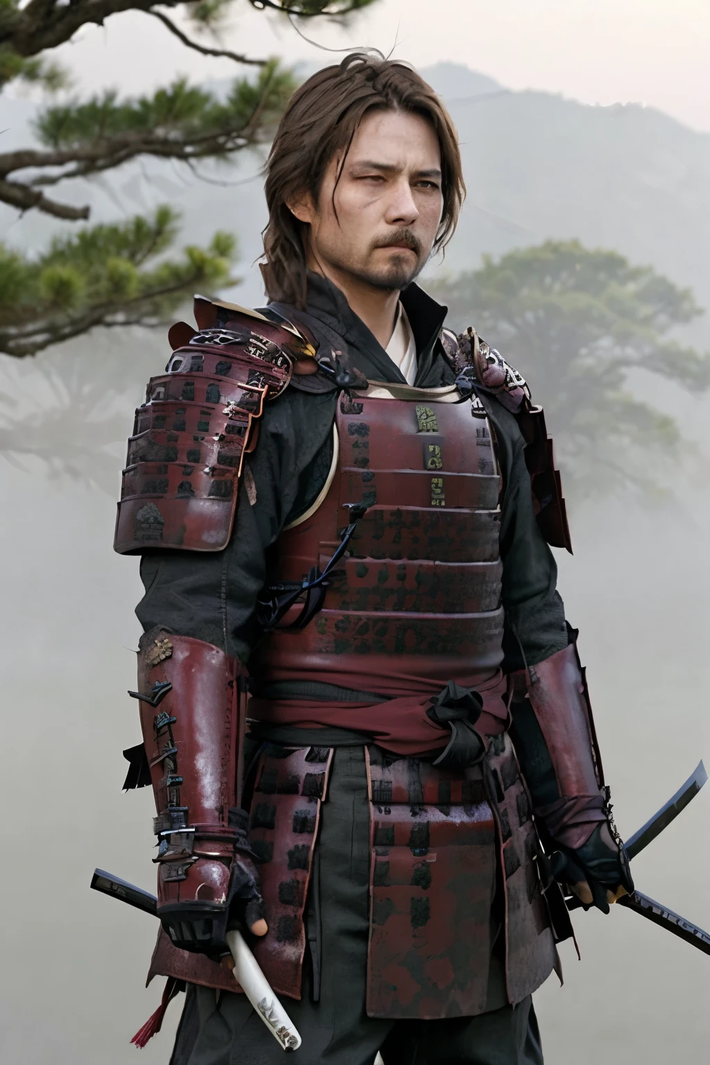 (masterpiece, Highest quality:1.2), The Last Samurai tc, alone、(Departing into the morning mist of dawn)、Blur the background、Wearing black-based armor with red threats、