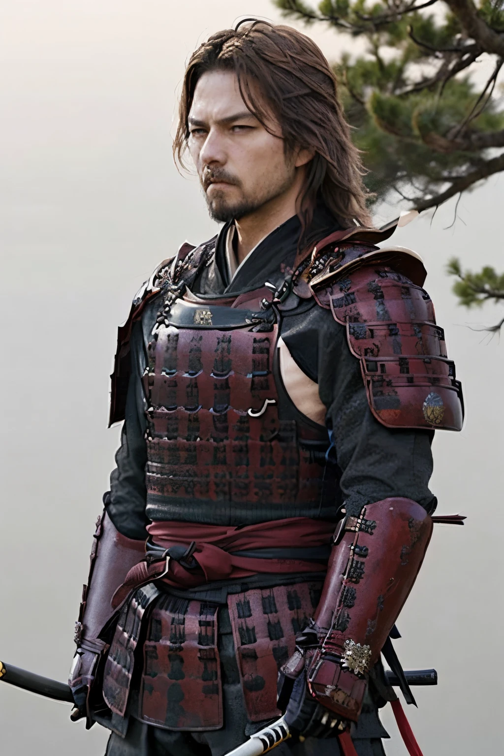 (masterpiece, Highest quality:1.2), The Last Samurai tc, alone、(Departing into the morning mist of dawn)、Blur the background、Wearing black-based armor with red threats、