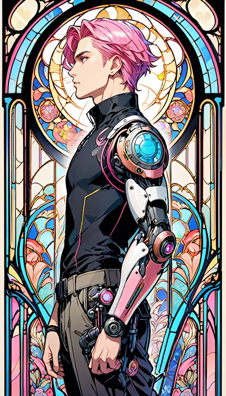 cyber punk colorful Mucha style Art Nouveau style Stained glass Beautiful illustrations ung man Beautiful young man Mechanical Arm 精巧なMechanical Arm Pink Hair Shortcuts Black clothes Jacket cargo pants profile Beautiful picture Exquisite illustrations Great illustrations