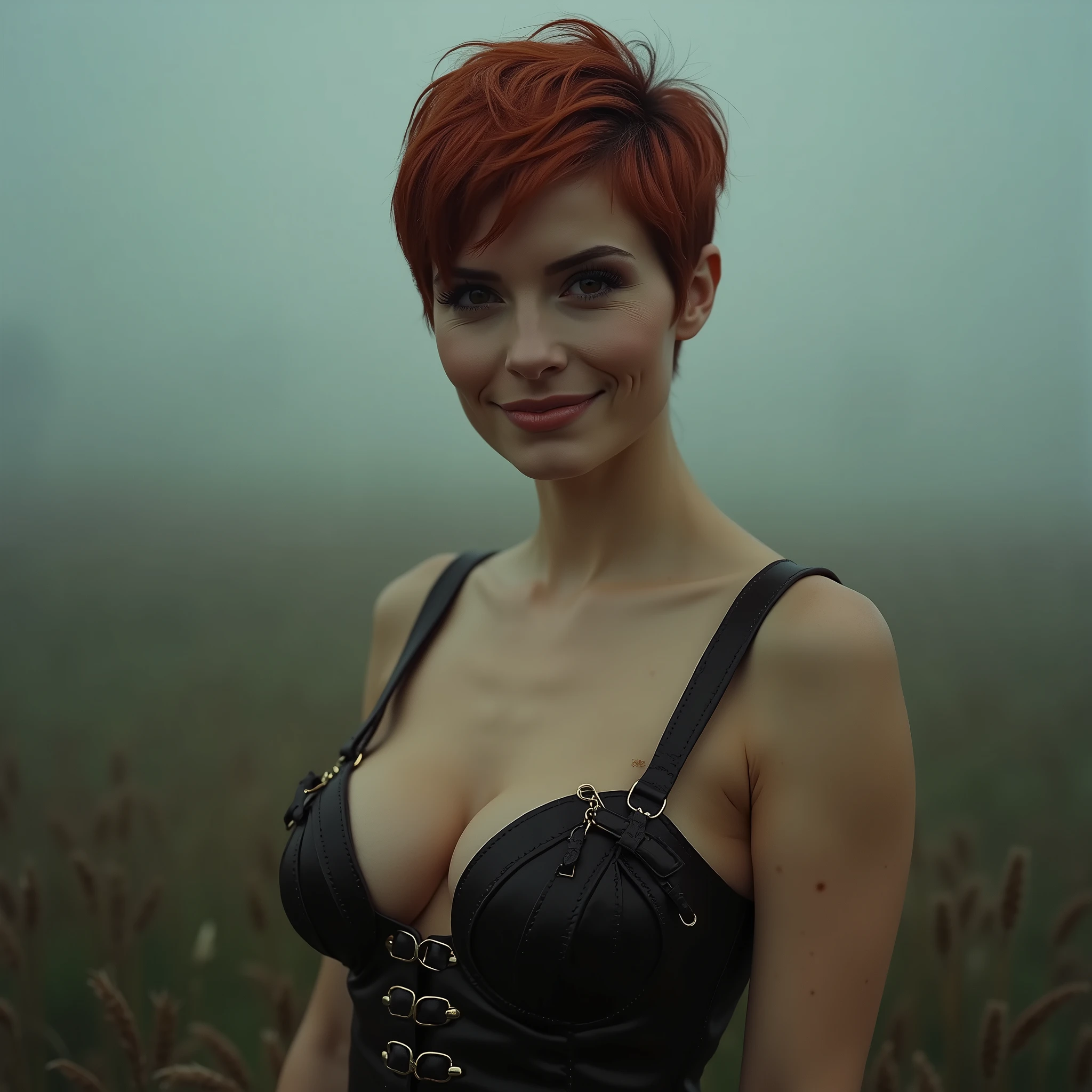 An amazing portrait of a stunning American woman, (28years old:1.5), tall, voluptuous, hourglass figure, (short pixiecut hairstyle:1.5), (redhead:1.5), (face of Rebecca Romijn:1.6), dressed in leather straps, detailed eyes, detailed hair, stunning facial feature, sweet smile, Perfect eyes, ultra realistic eyes, perfect face, perfect body, cinematographic, color analog film photo, Realistic hair, ((perfect face)), full photo of a sexy beautiful girl, Photograph, photorealistic, Evocative pose, ((Beau)), pose sexy, (Looking at the viewer), germ of art, cinematographic lighting, very high detail, foggy background, photo on Fujifilm Superia 400, Low light, 32K, cinematographic composition, professional calibrations, Film grain, Atmosphere, Wonderful , very stormy. faded film, desaturated, 35mm photo, grainy, vignette, Old, kodacromo, lomography, colored, Very detailed, Images found, Film grain, photography, photoshoot, cinematographic lighting, volumetric lighting, incredibly detailed, hot, sexy, very attractive, super model, (photorealistic:1.3), (of the highest quality:1.3), (Film grain:1.3), (world's best photography:1.3), (professional Photo:1.3), (detailed details:1.3), (cinematographic light:1.3), (cinematographic color:1.3), maximum depth of field, film photography, (intricate details:1), (hyperdetailed:1), heart-shaped pupils.