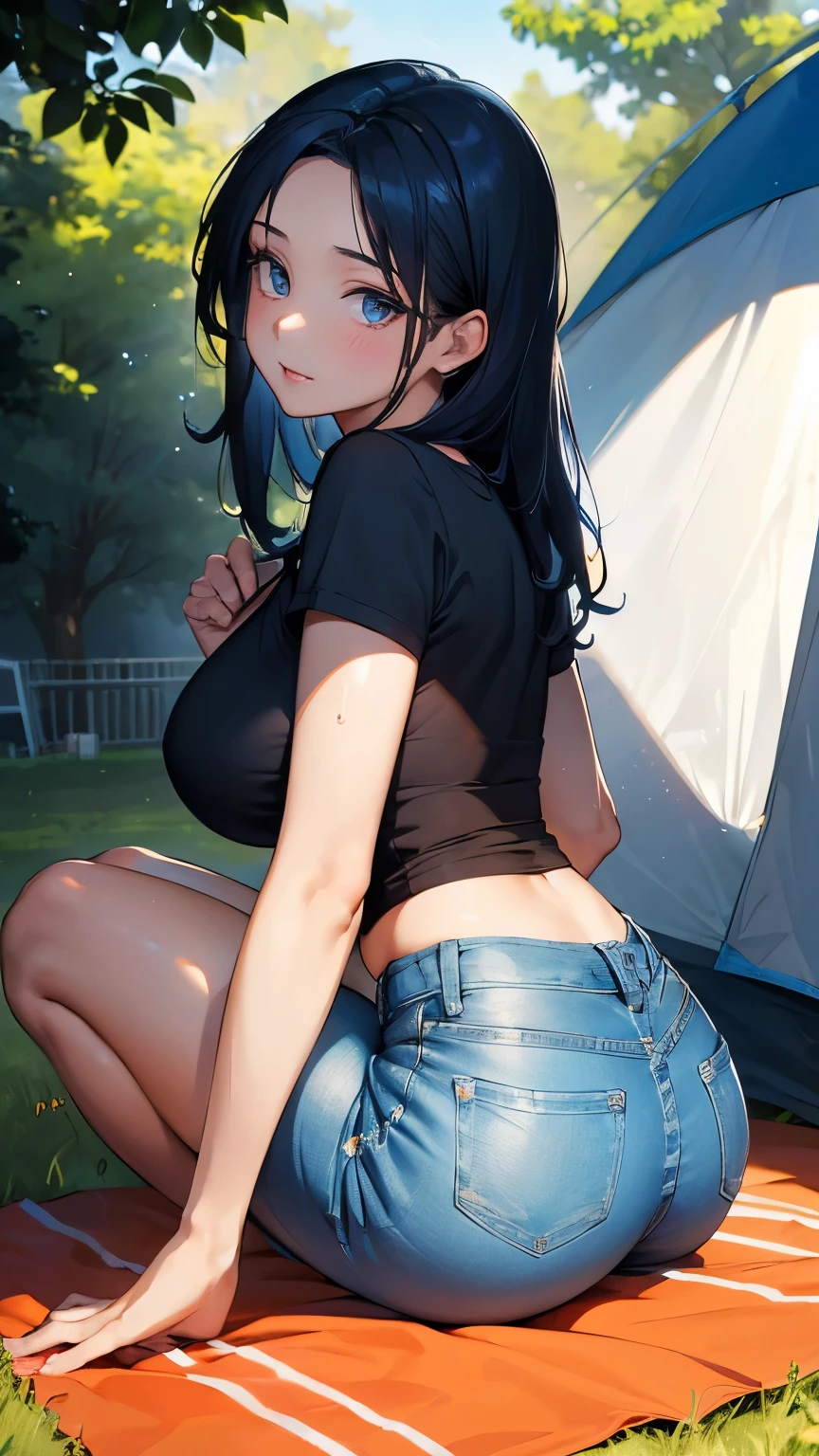 A beautiful 40-year-old mother, with an adult presence, big butt, large breasts, slim waist, beautiful eyes that appeal, sidelong glances, detailed eyes, long eyelashes, dark blue hair, white V-neck T-shirt, denim shorts and pants, a campsite in the hot sun, in front of the tent, turning around, dripping sweat, dazzling sunlight, leaning forward, silver chain necklace, bare feet, a demure personality, kindness, a beautiful mature woman,