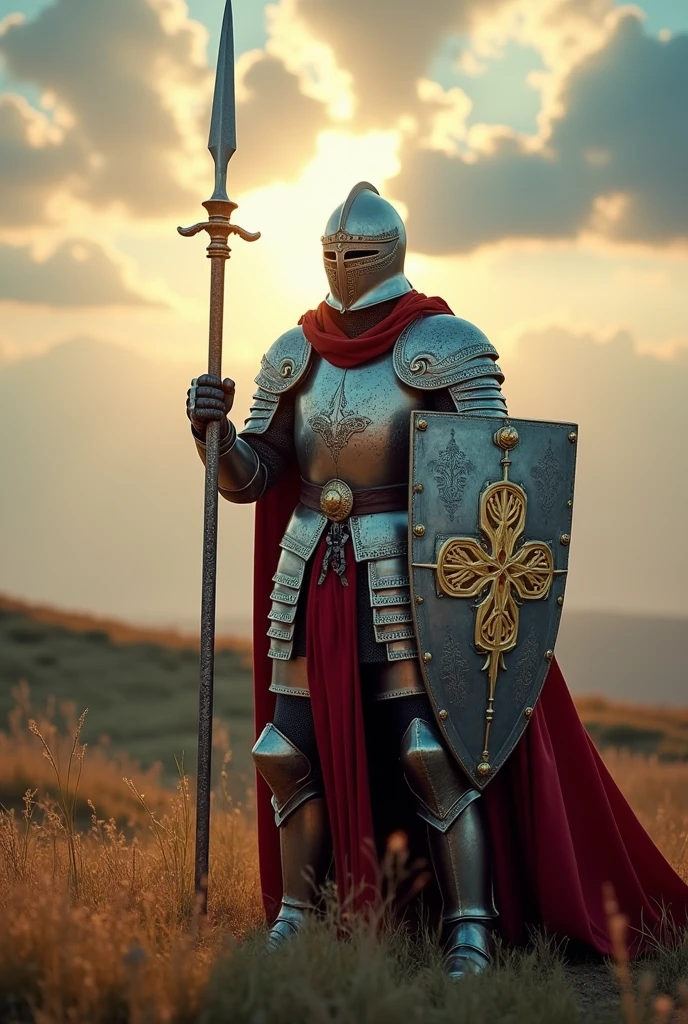 knight in full armor with spear and shield, Very detailed, 8k, Global Illumination, Wide-angle, God&#39;s Rays