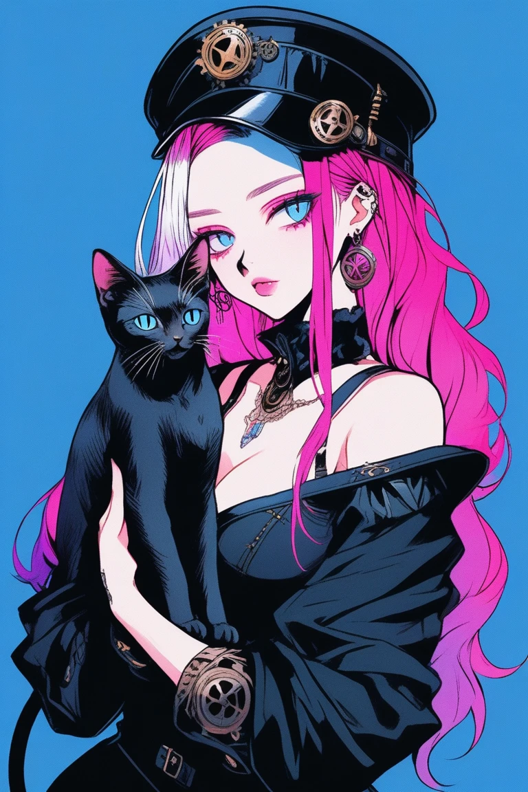 Illustrator, アニメ , Realistic ,sketch , 1 person, model, Portrait, lip, wearing gothic Steampunk hat, black corset jumper skirt, bare shoulder, Order, Blue and pink gradient background, Neon colored hair, Big Breasts, (((Upper Body))), (((look back))), Holding a black kitten, Sexy look, Sexy pose, Texture Trim, Russia, (masterpiece,Highest quality)