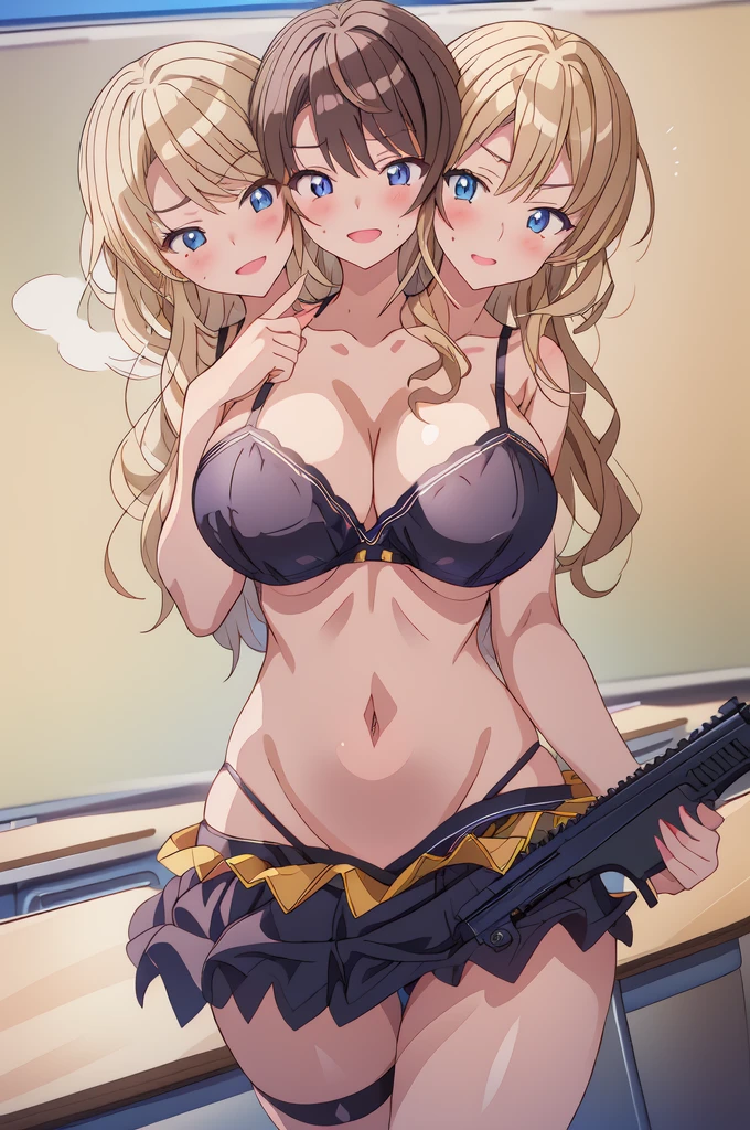 siren_triagex, solo, 1girl, (3heads:1.5), very huge breasts:1.5, open belly, (very, beautiful eyes:1.5), (very detailed eyes:1.5), blonde_hair, long_hair, wavy_hair, blush, lipstick, Hot girl, baddie, staring, glaring, bad attitude, mean girl, dare, angry, hate, crazy, smoking, sensual, attractive, blush, lipstick, masterpiece, best quality, highly detailed, a anime girls in sailor uniforms with a gun posing for a picture,
evil smile, smile, open mouth,black_serafuku, ecchi anime style, anime girls , (nsfw) not safe for work,
ecchi style, ecchi, shipgirls, digital anime art!!, high school girls, holding a gun, hold a gun, anime style 4
k, micro skirt, exposed belly, exposed navel, exposed midriff, holding pistol,underboob,
exposed lower belly,school, classroom