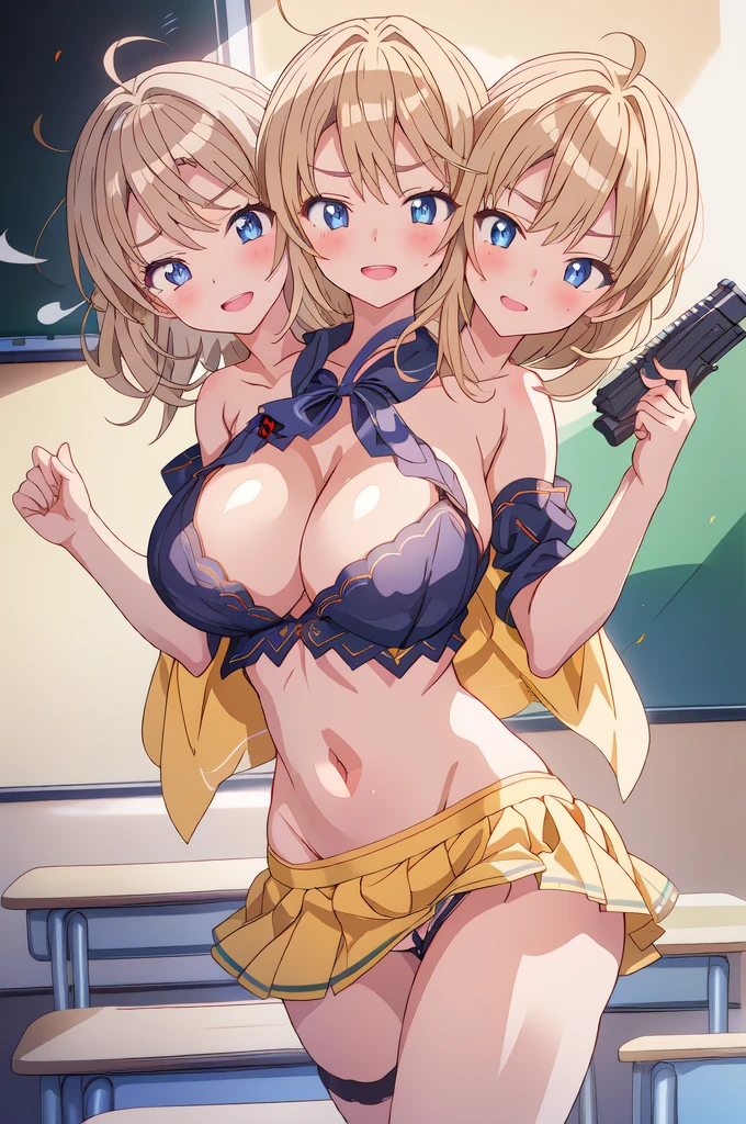 siren_triagex, solo, 1girl, (3heads:1.5), very huge breasts:1.5, open belly, (very, beautiful eyes:1.5), (very detailed eyes:1.5), blonde_hair, long_hair, wavy_hair, blush, lipstick, Hot girl, baddie, staring, glaring, bad attitude, mean girl, dare, angry, hate, crazy, smoking, sensual, attractive, blush, lipstick, masterpiece, best quality, highly detailed, a anime girls in sailor uniforms with a gun posing for a picture,
evil smile, smile, open mouth,black_serafuku, ecchi anime style, anime girls , (nsfw) not safe for work,
ecchi style, ecchi, shipgirls, digital anime art!!, high school girls, holding a gun, hold a gun, anime style 4
k, micro skirt, exposed belly, exposed navel, exposed midriff, holding pistol,underboob,
exposed lower belly,school, classroom