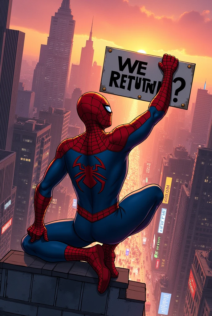 Spiderman with a sign that says :we return?