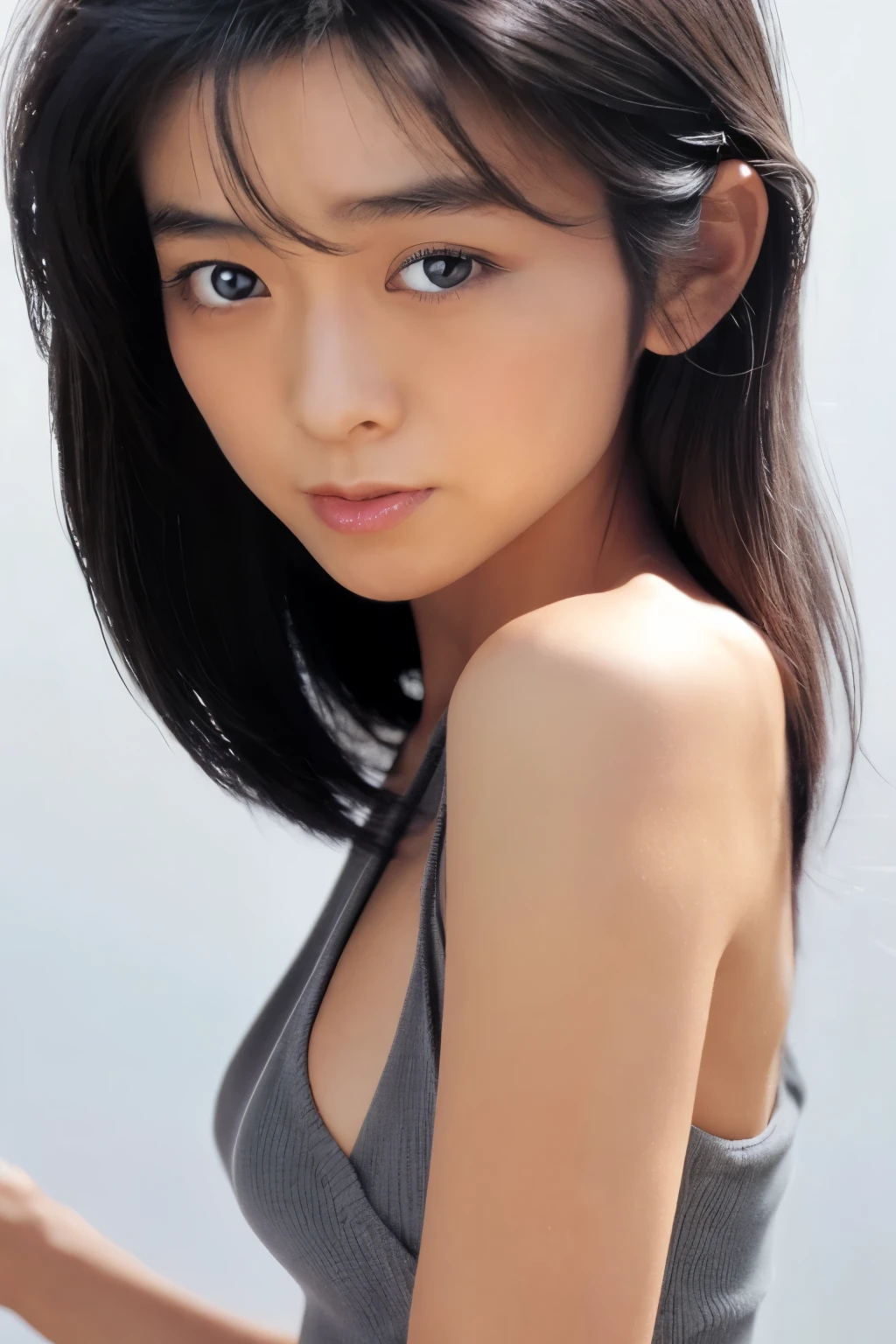 A Japanese lady, skinny figure, small breasts, extremely thin waist, beautiful face, beautiful eyes, natural make up, black long hair, wearing a tight grey dress, looking back for a viewer, 1girl in, solo, detailed face and eyes, detailed fingers and arms. Full body photo. Realistic, Photorealistic.