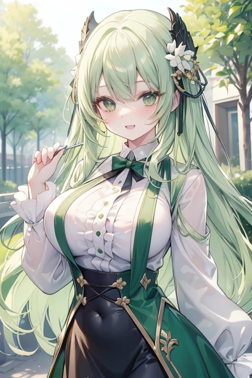 (masterpiece, best quality), intricate details,
1girl, green hair, green eyes, light green hair, white hair tips,
Big breasts, smiling, opened mouth, wear white shirt, long Sleeve shirt, green checkered shirt, Park background