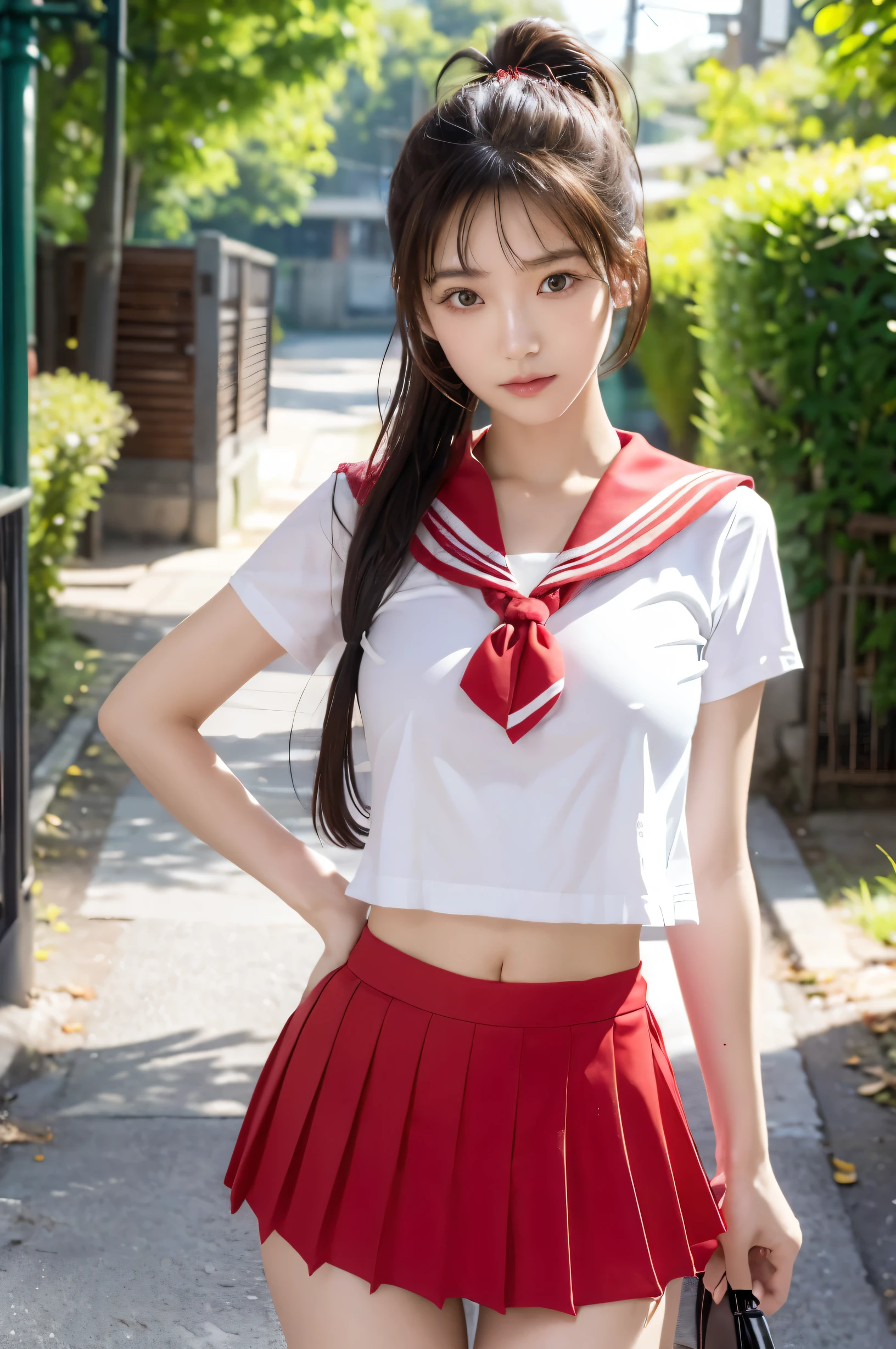 (Ultra HD), (Red sailor suit, Red mini skirt), Big Breasts, slender, Narrow waist, (The belly button is visible:0.8), whole body, Standing posture, (Beautiful Skin, Shiny skin, White skin), (Super slim face, Super beautiful face, No makeup), (ponytail, Layered Cut, Fluffy hair), (double eyelid, Slanted Eyes), Small Nose, Thin lips, Thin legs, In front of the school gate