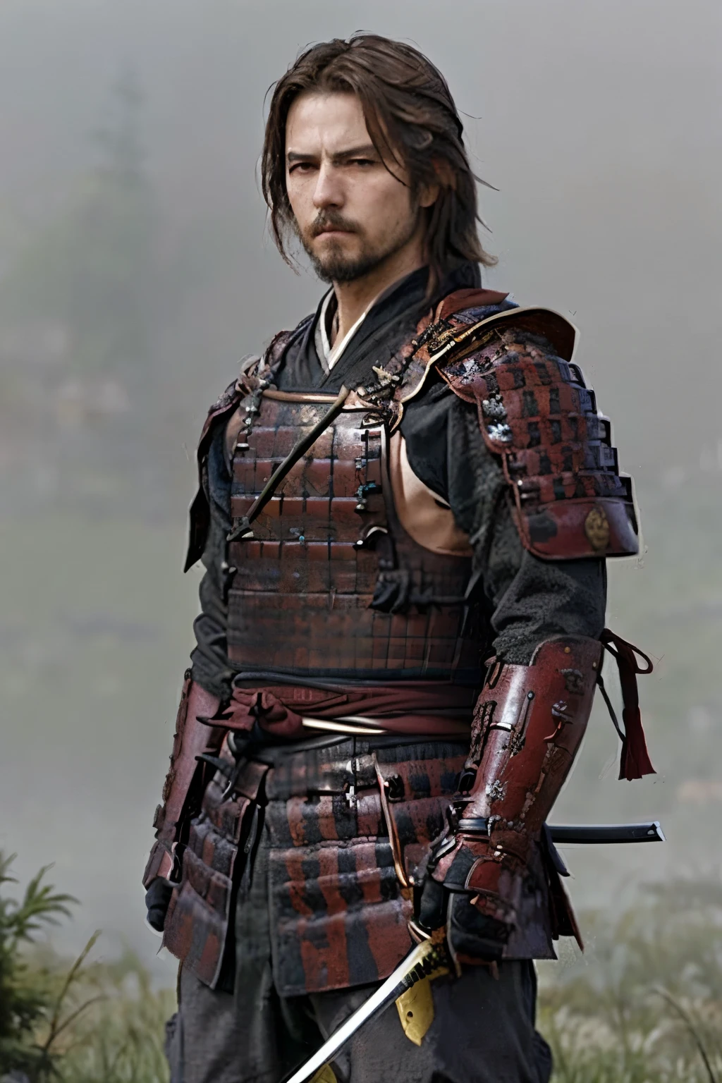 (masterpiece, Highest quality:1.2), The Last Samurai tc, alone、(A battlefield shrouded in morning mist)、Blur the background、Standing with the sword in his hand lowered、