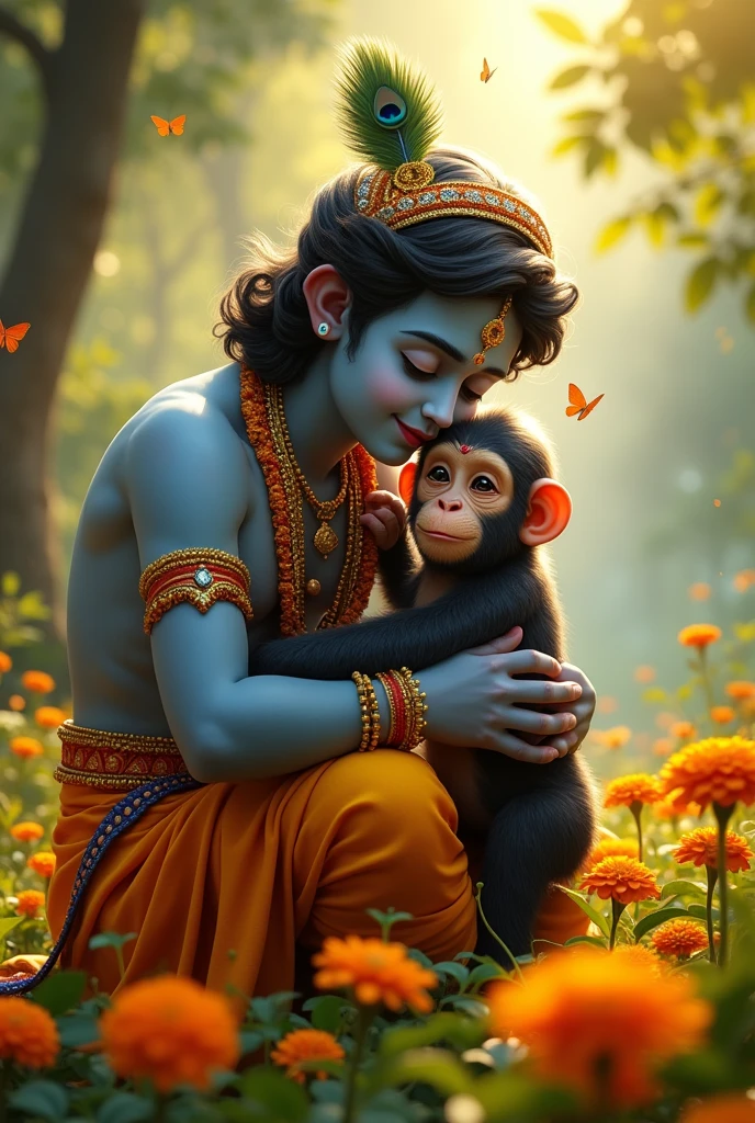 Lord Krishna hugs a chimpanzee