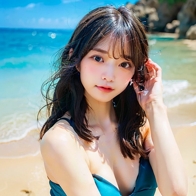 (Highest quality, masterpiece, Ultra-high resolution, (Realistic:1.4), RAW Photos, Depth of written boundary, Professional Lighting, Perfect Anatomy, Very detailed), At the beach in summer, Very beautiful sunny sky, (The most famous Japanese idols, Fun at sea), (((Very cute face like the most popular Japanese idol, ((very cute、And very big black eyes)), Very beautiful hair, Very beautiful skin, Very beautiful body))), Each one wearing a different style of colorful bikini, Detailed ocean, detailed splash, Summer beach details