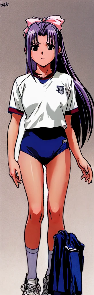 Momo Koigakubo, a tall beauty with long legs, stands on the athletic field in a white gym uniform and bright navy blue bloomers that look like panties.。