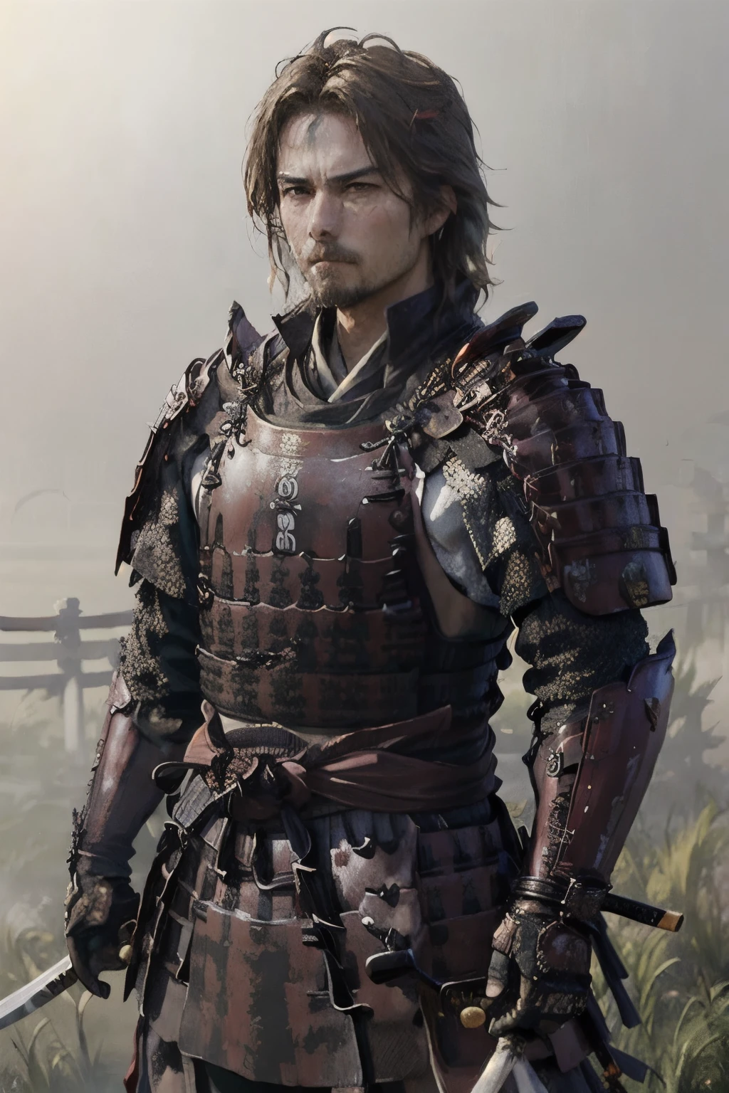 (masterpiece, Highest quality:1.2), The Last Samurai tc, alone、(Departing into the morning mist of dawn)、Blur the background、Wearing black-based armor with red threats、