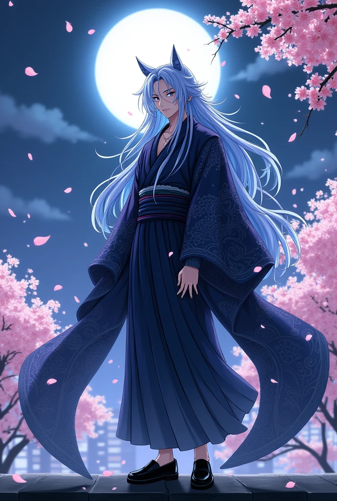 Kenja Ashura a handsome elegant Assassin with long blue and white hair kimono styles of Chuya from Bungou to Alchemist with white eye color with black shoes cheerful and elegant personality and very good