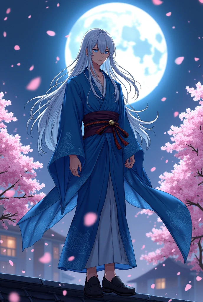 Kenja Ashura a handsome elegant Assassin with long blue and white hair kimono styles of Chuya from Bungou to Alchemist with white eye color with black shoes cheerful and elegant personality and very good