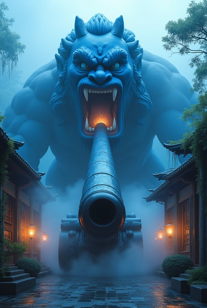 A blue cannon is emerging from the mouth of the Kongorikishi statue.