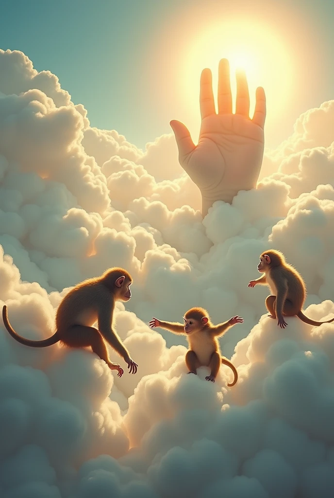 Monkeys on clouds approaching giant Buddha's hand emerging from the clouds, dramatic, majestic, divine, cinematic, heavenly, graceful, intricately detailed, decorative, 8k, photorealistic, ultra-detailed, dramatic lighting, atmospheric, mystical, spiritual, serene, awe-inspiring, cinematic composition, three-dimensional lighting, glowing, radiant, divine, heavenly, graceful, sublime, transcendent, godlike, almighty, powerful, magnificent