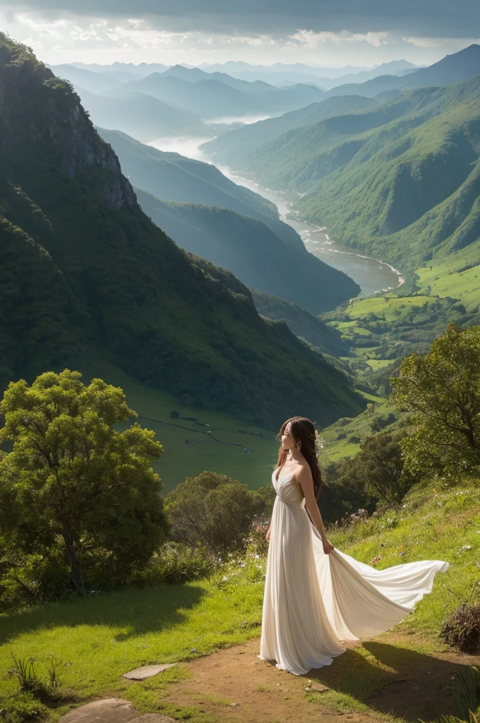 (upper body), fantasy-inspired scene of a woman standing in a lush, vibrant landscape after a rainstorm. The sky is clearing, with soft golden sunlight breaking through the clouds, casting a warm glow on the surroundings. The woman has long, flowing hair, wearing an ethereal dress that billows gently in the breeze. She stands on a hilltop, overlooking a valley where the rain has just passed, and the earth is fresh and rejuvenated. Mist rises from the ground, creating a mystical atmosphere. The woman's expression is serene, embodying a sense of renewal and hope, as if she is embracing a new beginning in this enchanting, post-rain world. No other figures or modern elements in the scene, only the pure essence of nature and the fantasy setting.