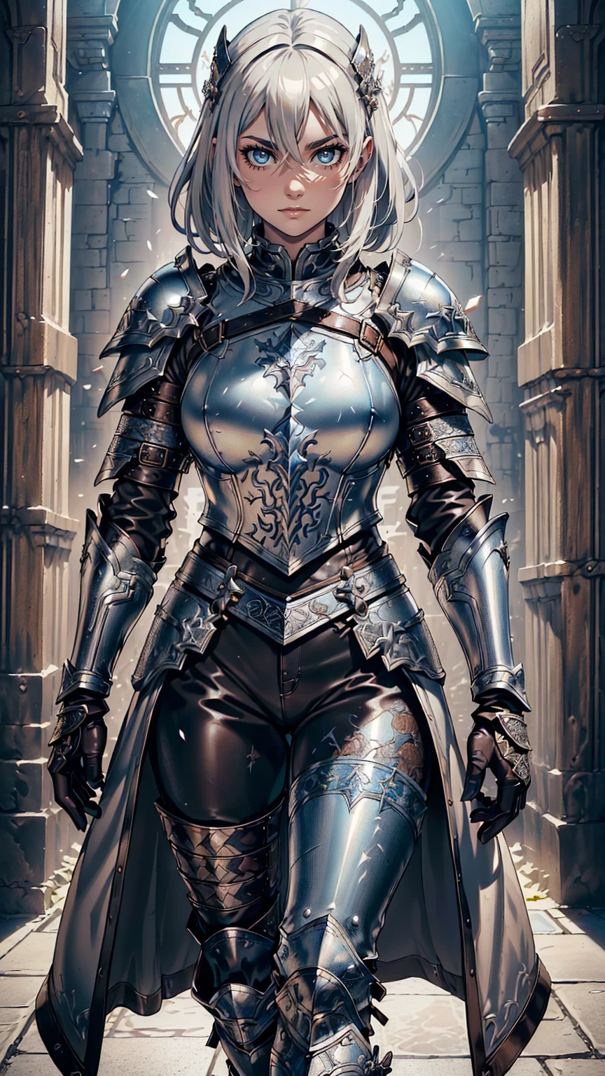 最high quality、Ultra High Definition, Ultra High Quality, Hyper Definition, Hyper Quality, Hyper Detailed, Extremely Detailed, Perfectly Detailed, Best image quality、masterpiece、anime rifle woman((40-year-old、super dynamic pose ,  Blue solid eyes, Silver Short Curve Hair, Disheveled Hair,  White Hair, Glove、Leather Dress, Leather Armored Pants, Noble Leather Armor, Lips,   Strict Expression, , charismatic, Detailed Cuirass , Wearing  Full Coverage Fantasy Leather Armor, leg armor)),high quality、Beautiful art、background((Inside the mansion))、Written boundary depth、 movie、Visual Arts、Perfect art、8K,Genuine、