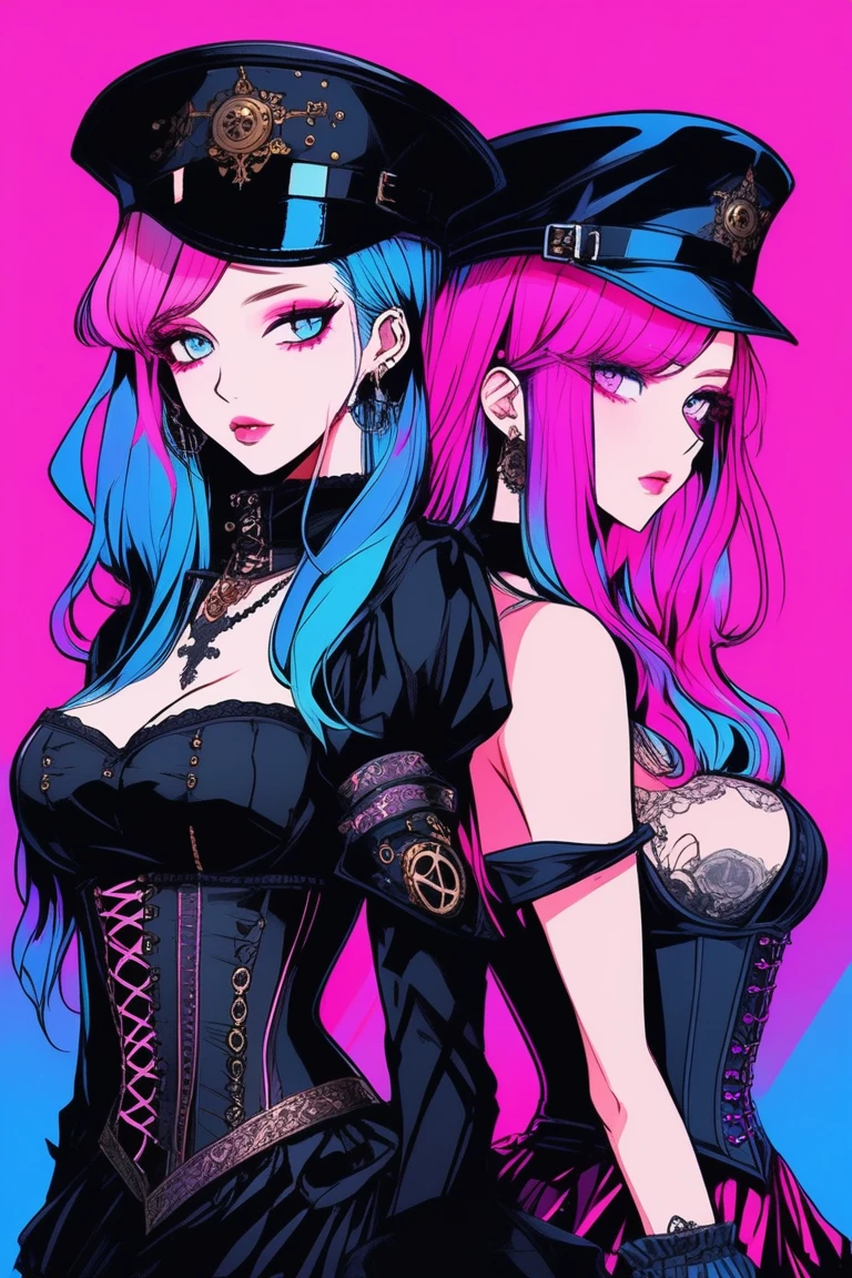 Illustrator, anime , Realistic ,sketch , 2 women, model, Portrait, lip, wearing gothic Steampunk hat, black corset jumper skirt, bare shoulder, order, Blue and pink gradient background, Neon colored hair, Big Breasts, (((Upper Body))), (((look back))), Sexy look, Sexy pose, Texture Trim, Russia, (masterpiece,Highest quality)