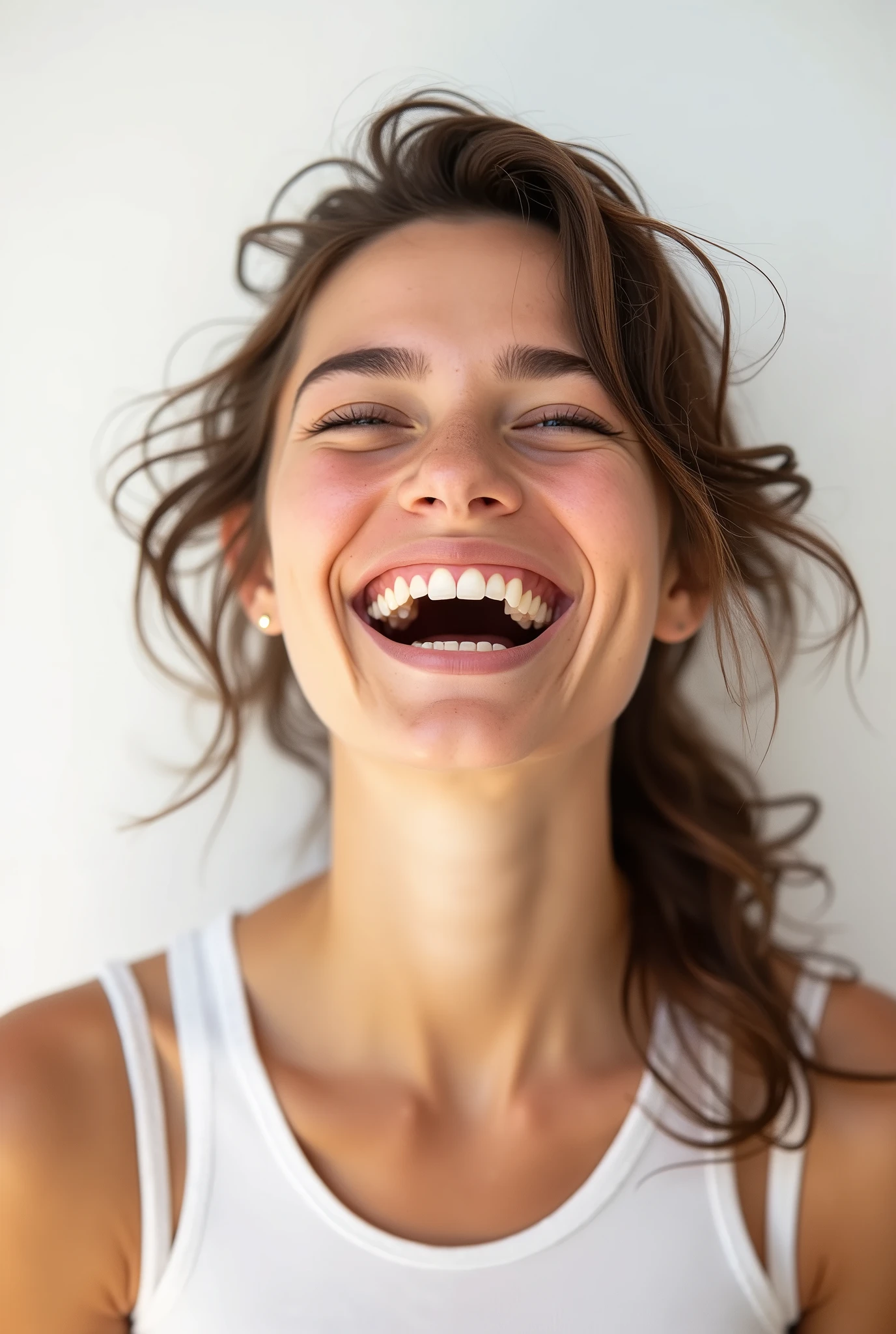 (photorealism:1.2), a Happy young woman smiling and laughing isolated on a white background.