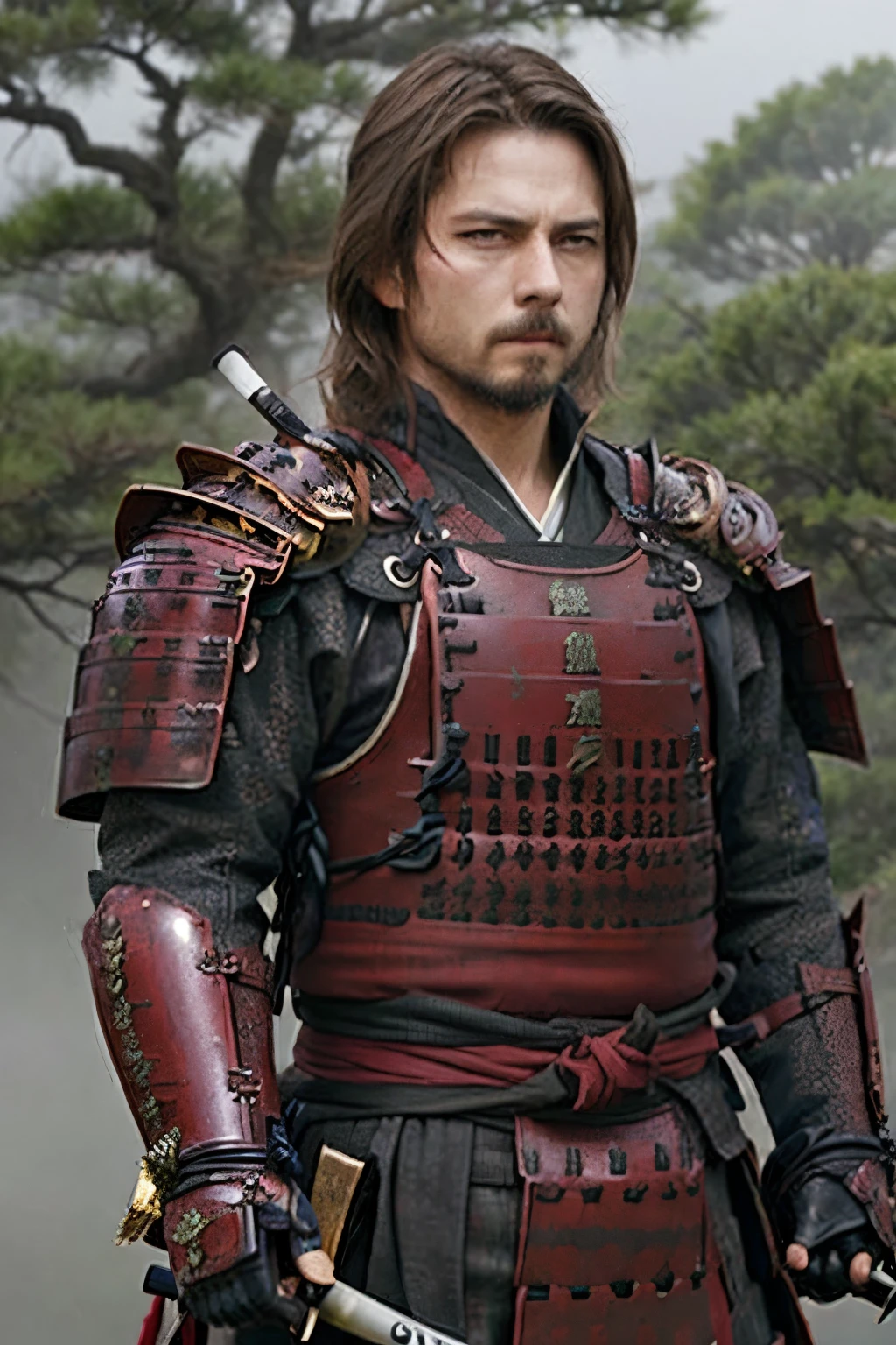 (masterpiece, Highest quality:1.2), The Last Samurai tc, alone、(Departing into the morning mist of dawn)、Blur the background、Wearing new, beautiful armor with a black base and red threatening accents.、