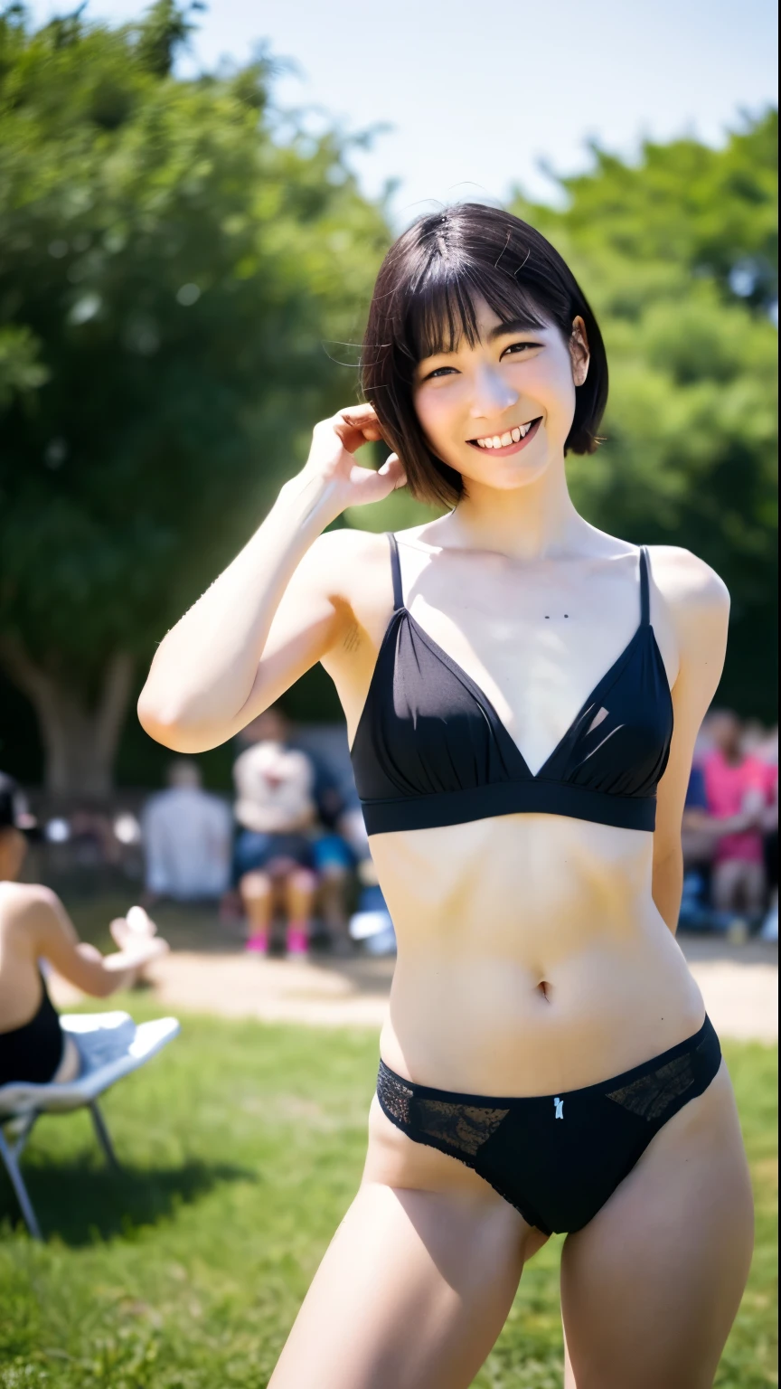 (Highest quality, 8k, 32K, masterpiece, Hmm...:1.2),Beautiful Japanese Women Photos, Super Short Hair,Short Hair:1.5,Shiny black hair、I can see the ears,Cowboy Shot,Thighs、Tank top,Small panties、 Looking at the audience,boyish、got it、young、Big smile、very good、belly button、Large Breasts、Detailed face、Detailed eyes、Random age between 18 and 35、Camel Toe