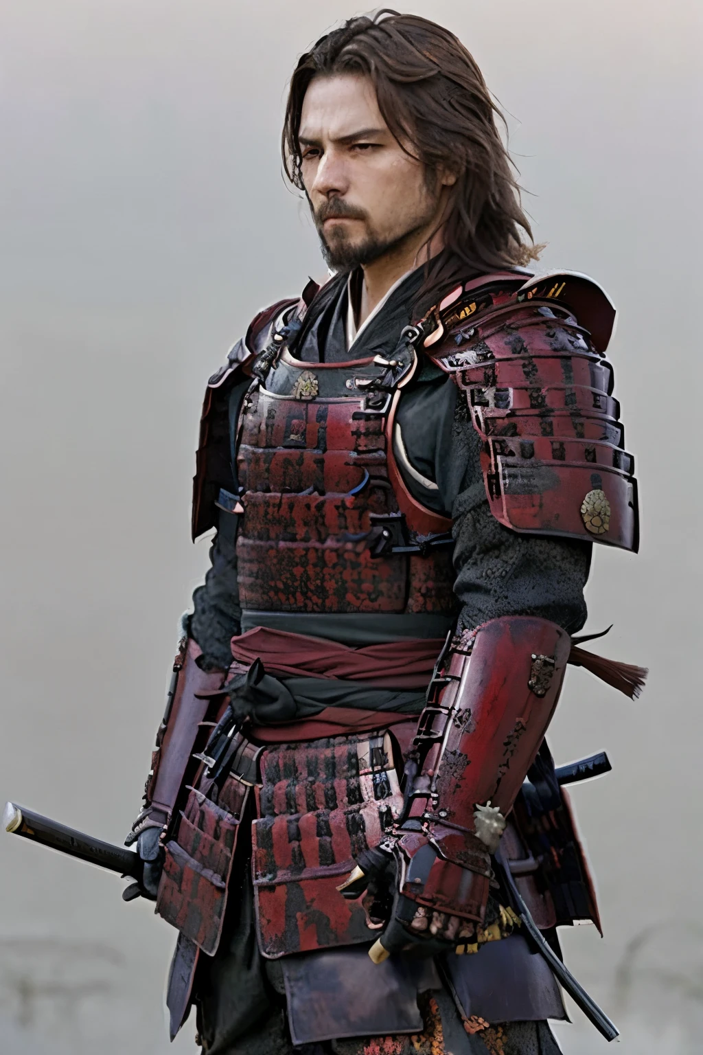 (masterpiece, Highest quality:1.2), The Last Samurai tc, alone、(Departing into the morning mist of dawn)、Blur the background、Wearing new, beautiful armor with a black base and red threatening accents.、