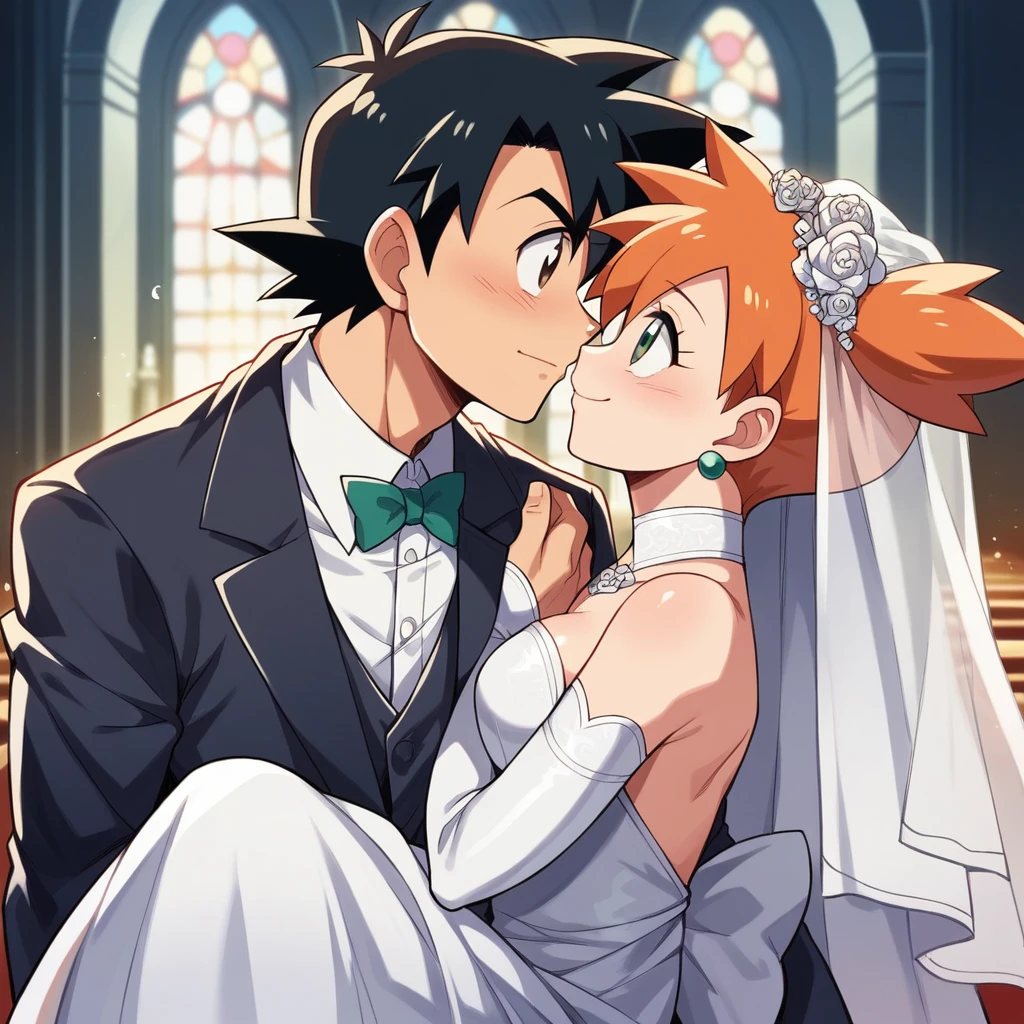1boy, black hair, brown eyes, hair between eyes, ash ketchum, groom, suit, handsome boy, macho, good looking boy 1girl, misty pokemon, orange hair, hair down, green eyes, bride, pretty, beautiful girl photograph of a 18 years old couple, on their wedding, on a church, they're showing off their love and affection for each other, they're caressing, looking at each other