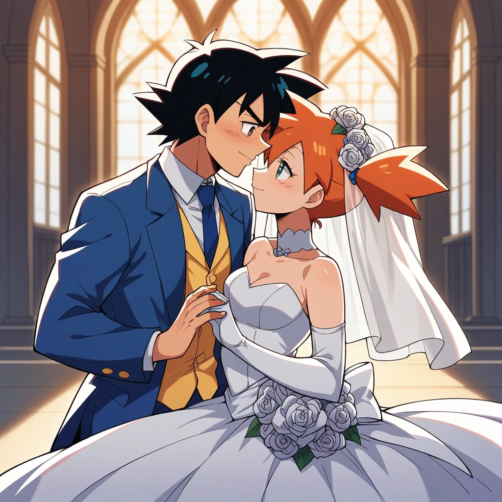 1boy, black hair, brown eyes, hair between eyes, ash ketchum, groom, suit, handsome boy, macho, good looking boy 1girl, misty pokemon, orange hair, hair down, green eyes, bride, pretty, beautiful girl photograph of a 18 years old couple, on their wedding, on a church, they're showing off their love and affection for each other, they're caressing, looking at each other