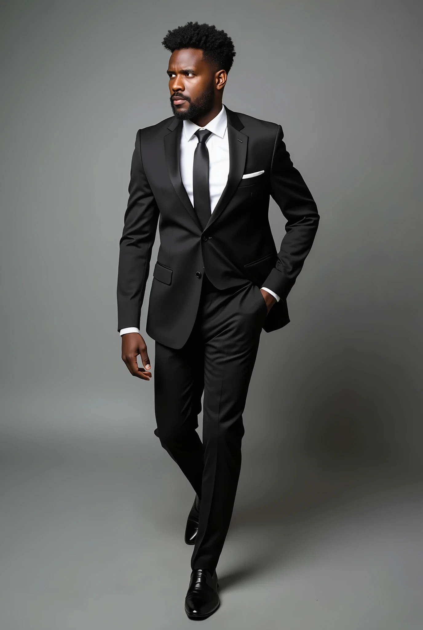 1 man with dark skin typical of Papuans, thin hair, slightly fat, wearing a professional black suit with a white shirt and tie, black trousers wearing shoes walking forward confidently against a neutral gray background.